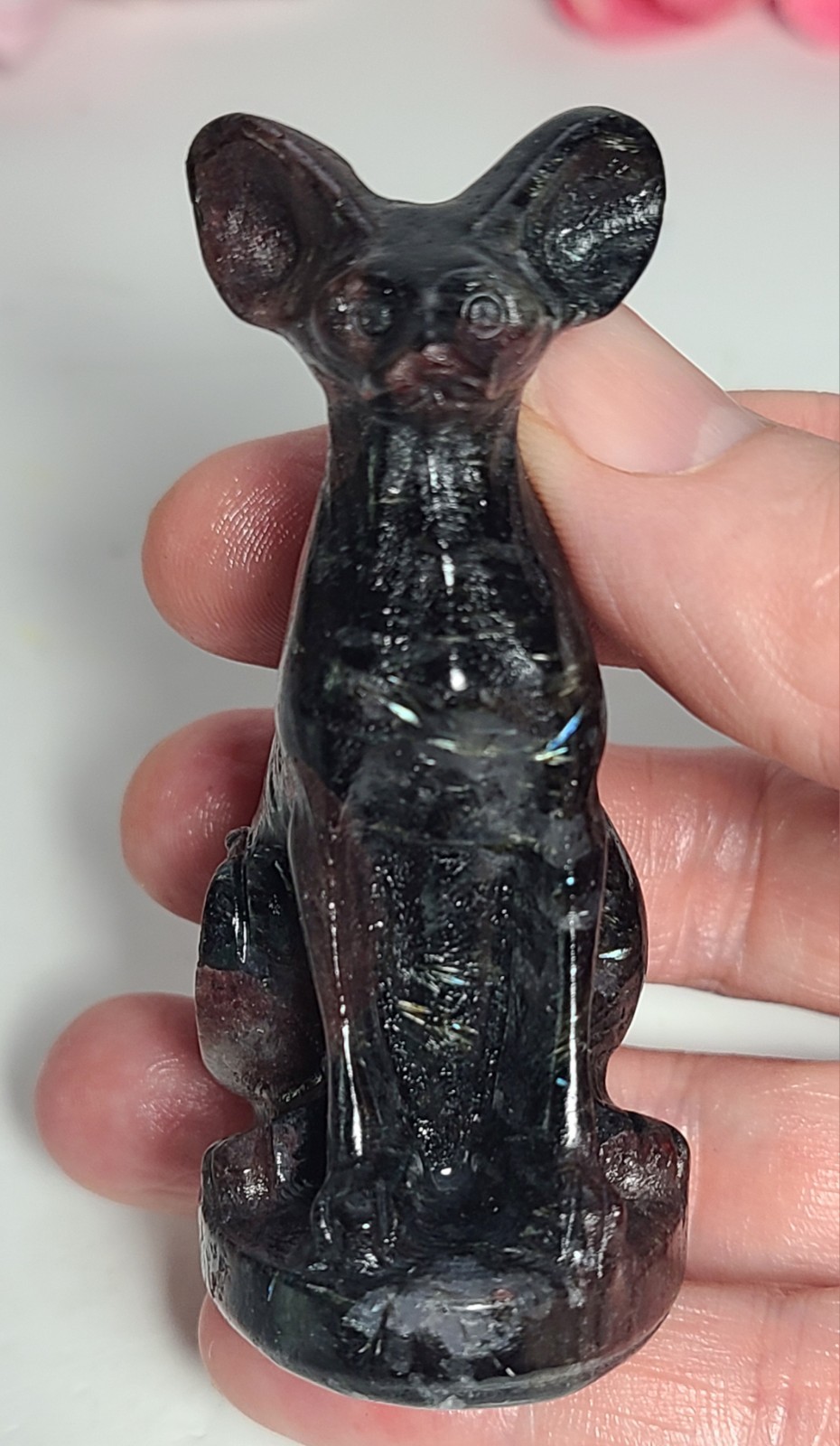 3″ 108g Garnet Arfvedsonite Egyptian Hairless Cat Crystal Stone Carving Statue