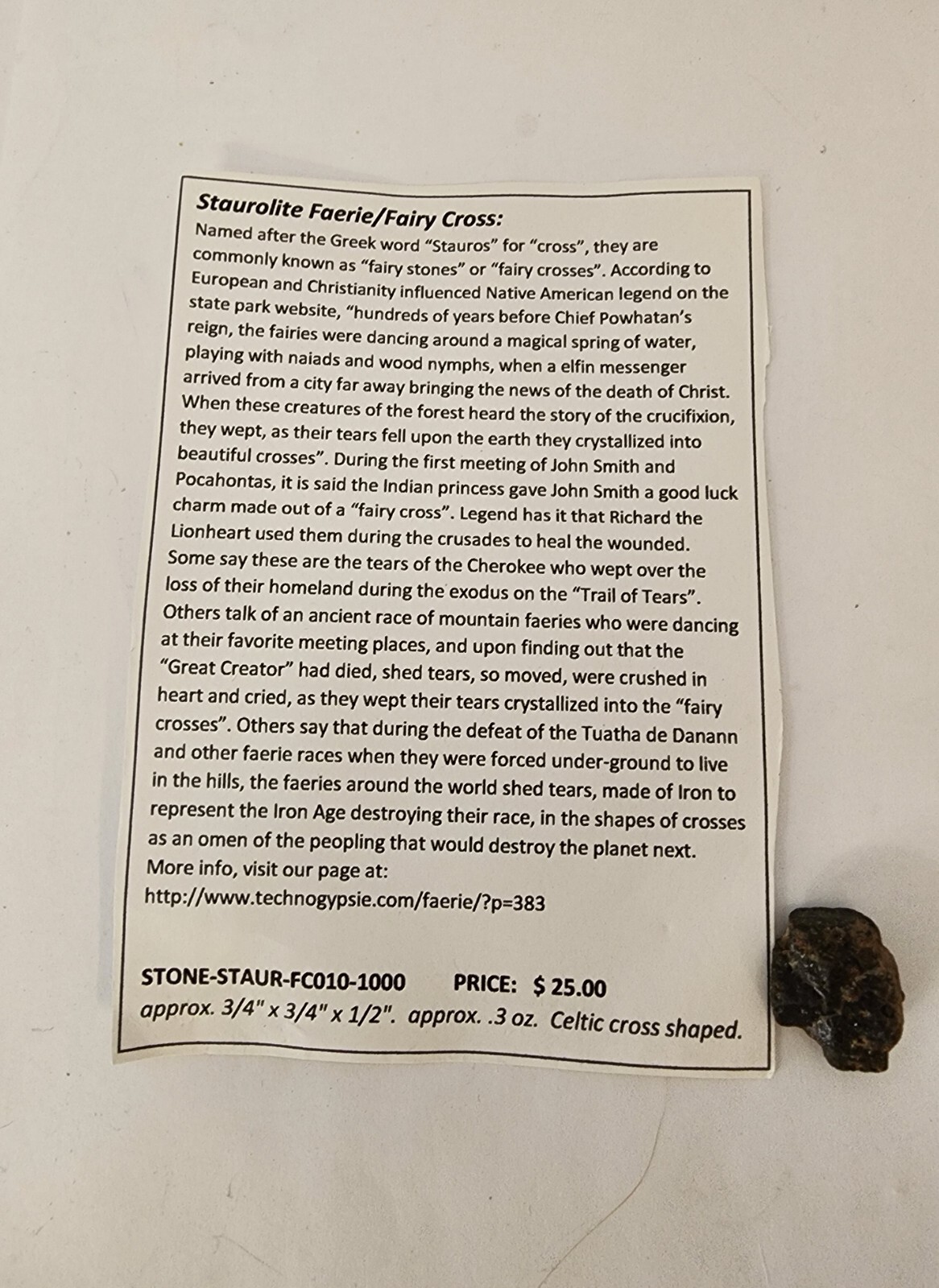 Staurolite Celtic cross – small approximately .75x.75x.5 FC010