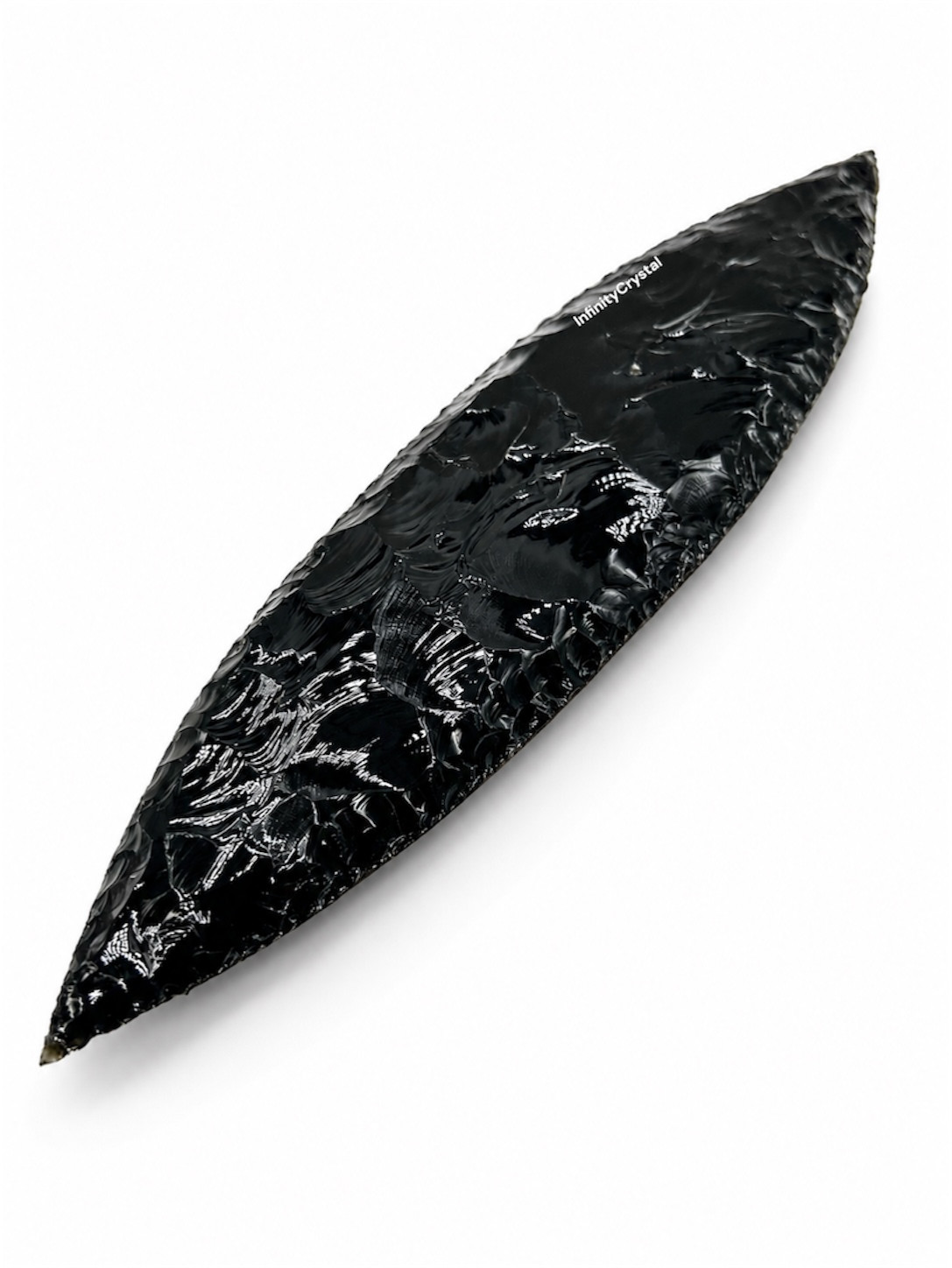 Large Black Obsidian Leaf Point Spearhead Handcrafted Arrowhead Display Piece.