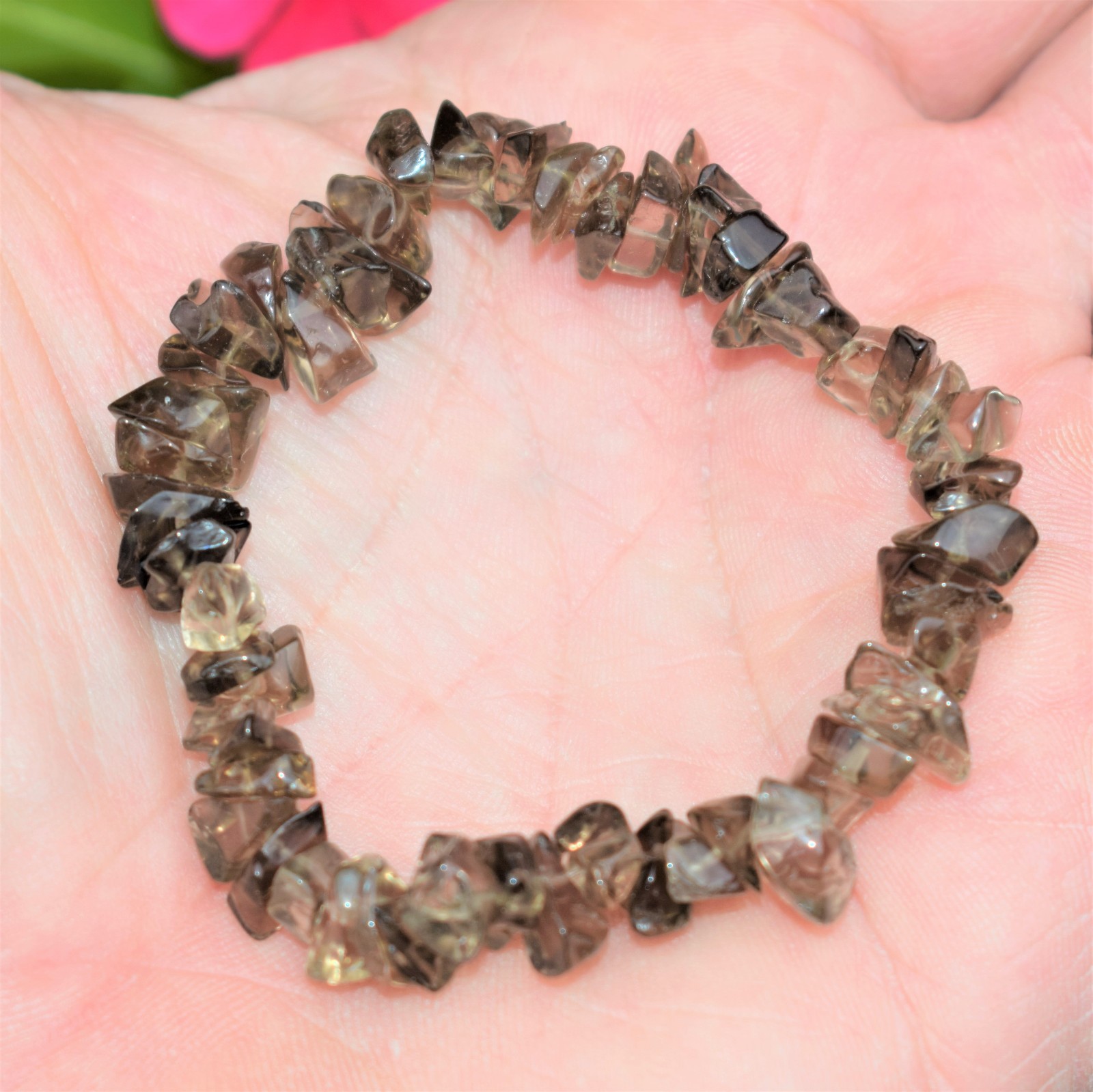 CHARGED Smokey Quartz Crystal Chip Stretchy Bracelet + Baby Selenite Puffy Heart
