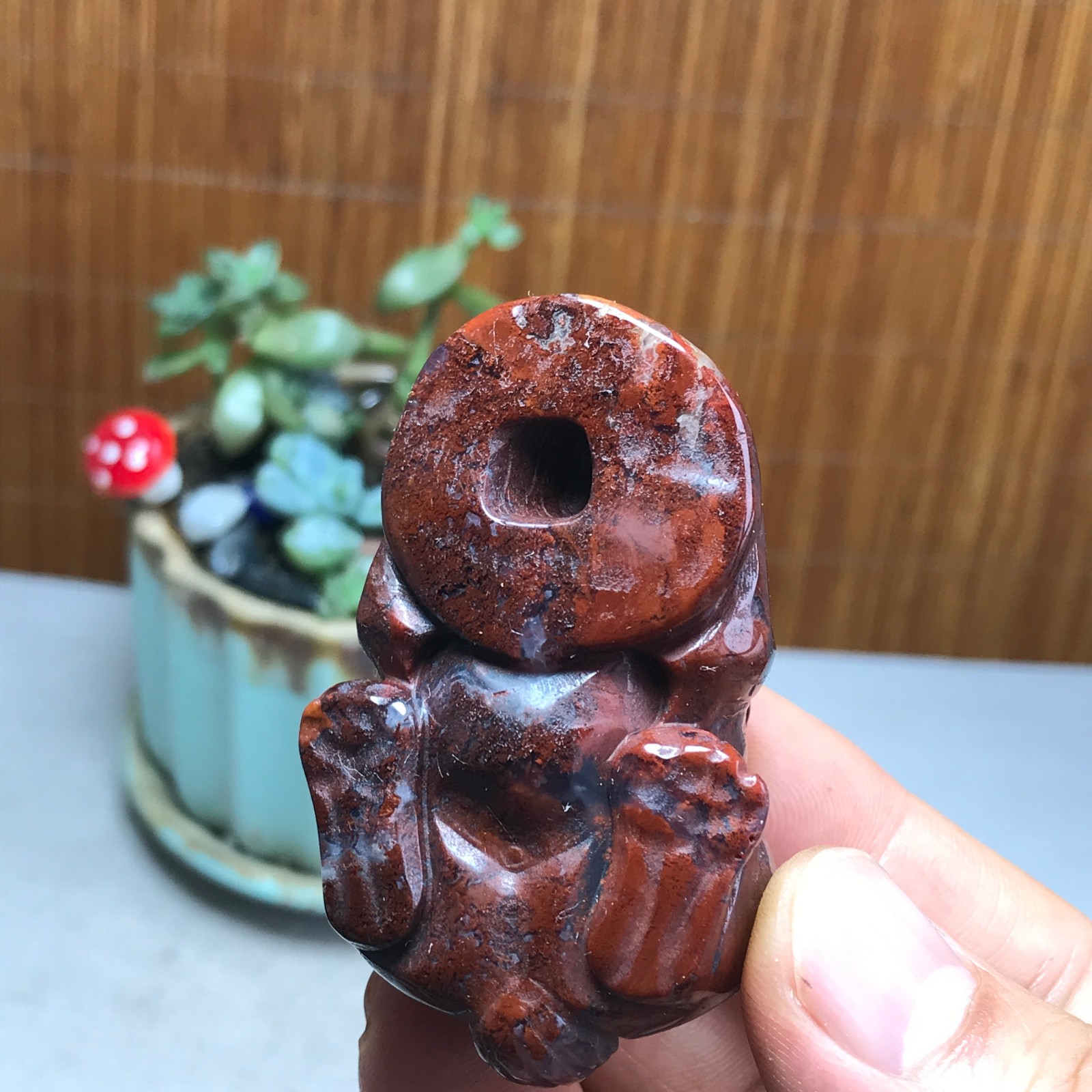Natural bloodstone carve Rabbit & Copper Coin Figurine, Feng Shui Wealth Luck 82