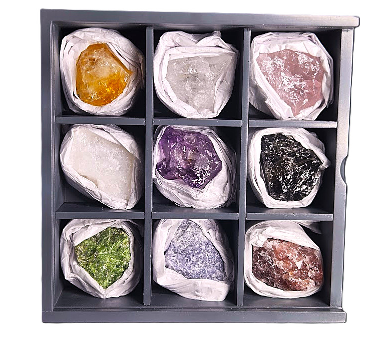 Set of Nine Crystals and Healing Stones Decorative Display Showcase