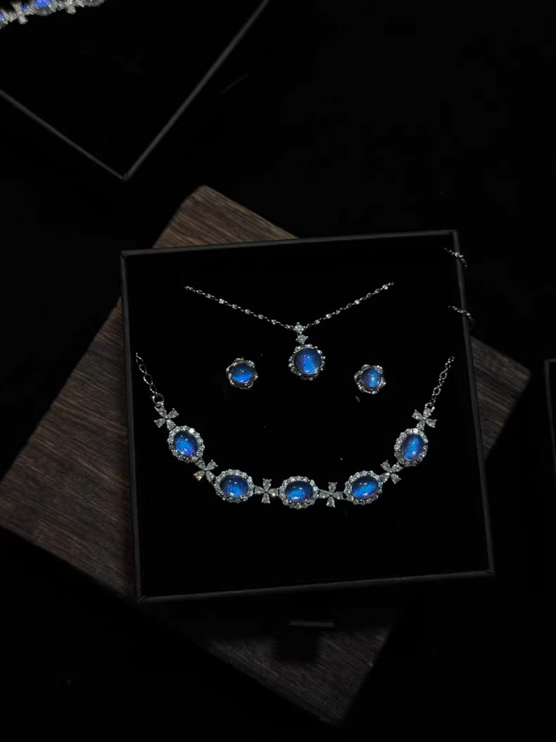 Handmade 925 Silver Blue Morpho Jewelry Set, Necklace Earrings Bracelet