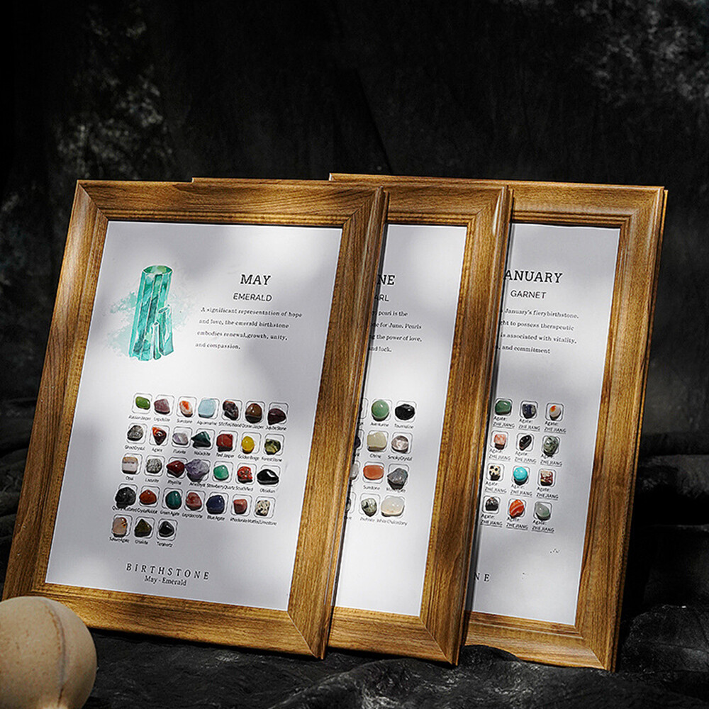 Birthstone 12 Months Birthday Stone Wood Photo Frame Crystal Healing Reiki gifts
