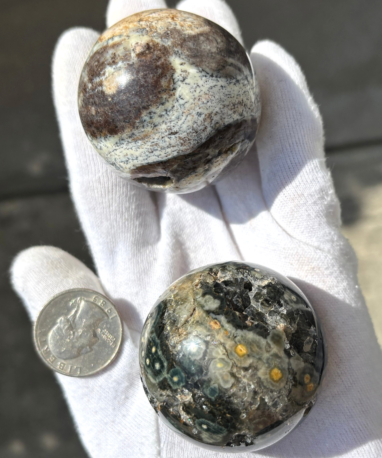 246g LOT 2 OJ OCEAN JASPER SPHERES SPARKLY DRUZY VUGS Kabamby SPHERE ORB ORBS