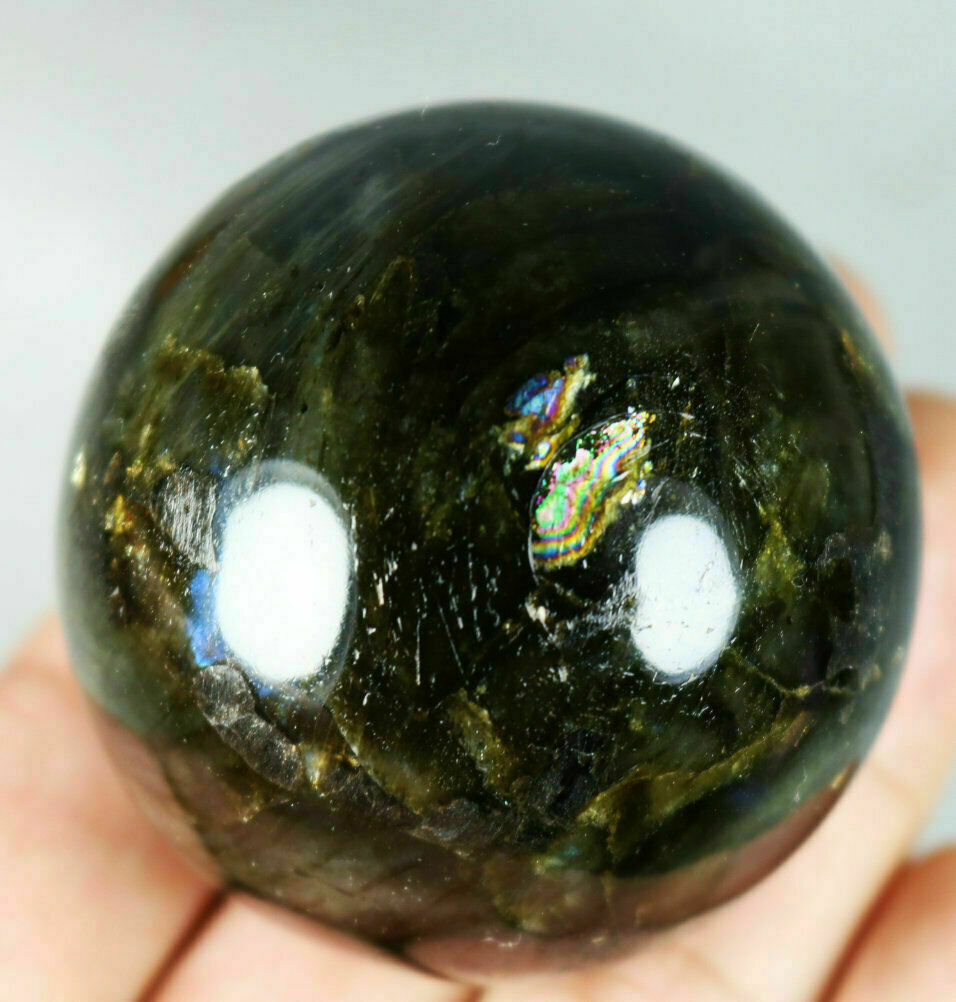 Natural Labradorite Stone Crystal Ball SPHERE Rosewood Stand Madagascar 51mm