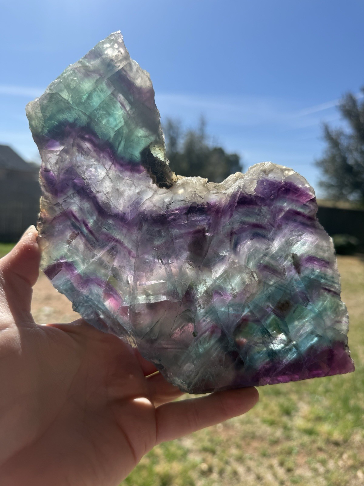 Rainbow Crystal Fluorite Chevron Slab with Stand 2lb 1oz Blue Purple Green Rare