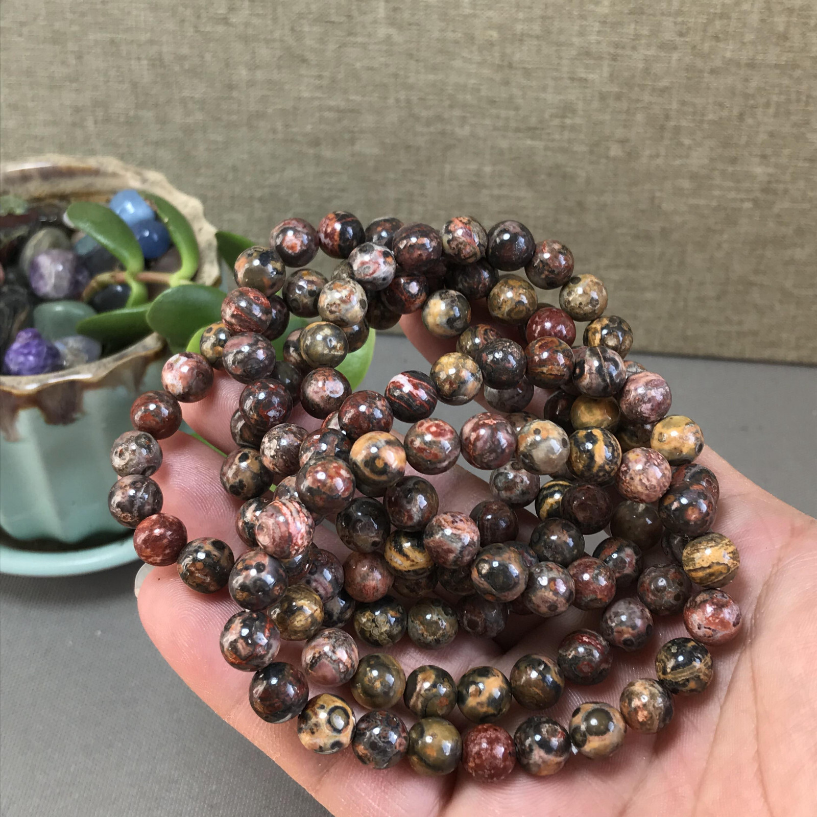 5Pcs Wholesal Natural Polish Leopard stone bracelets Crystal ball sphere 8mm