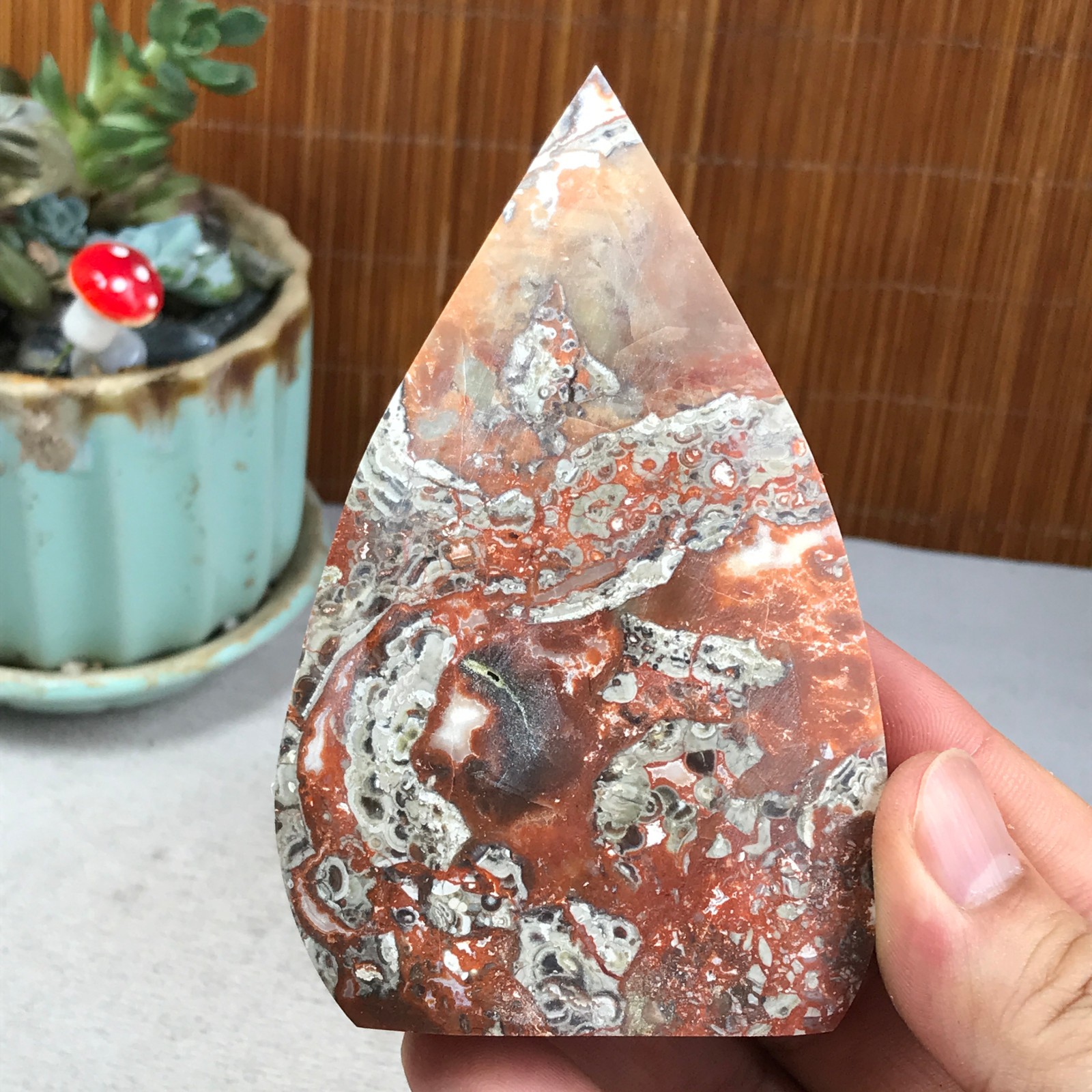 Natural money Mexico agate hand carve leaf Crystal Specimen free standing A6270