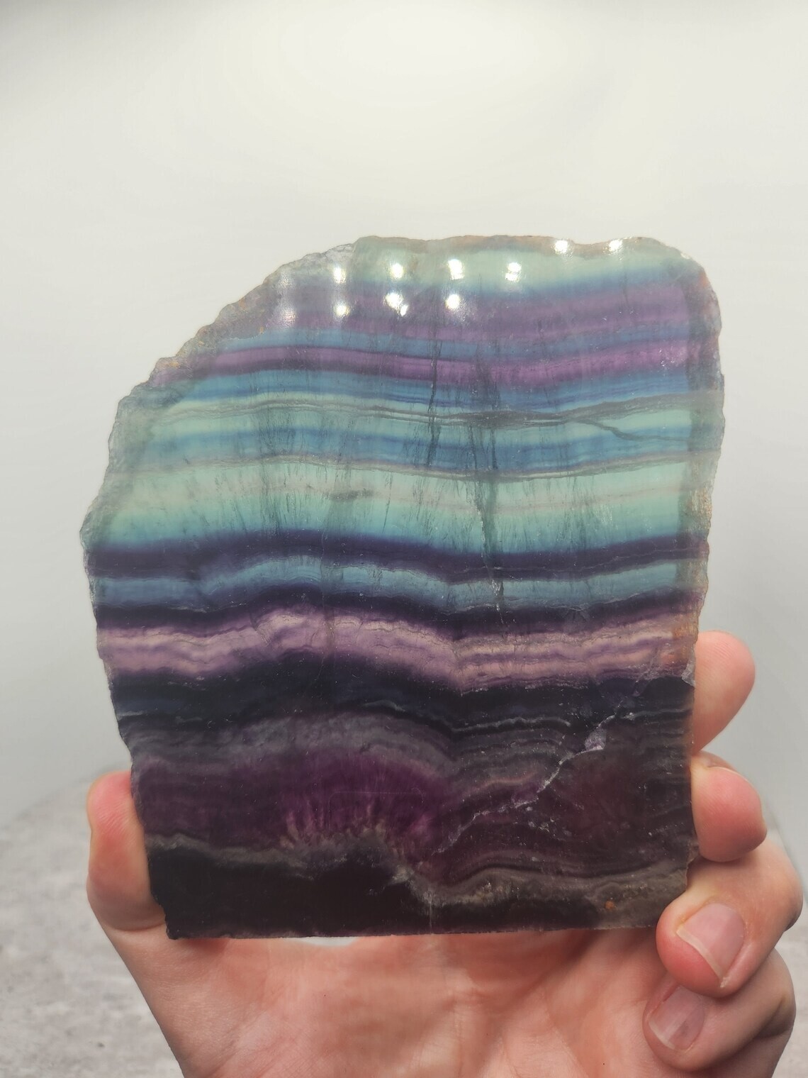 Colorful Rainbow Fluorite Freeform Slab Crystal with Black Metal Stand