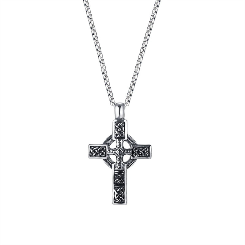 Mens Irish Celtic Trinity Knot Cross Pendant Necklace Stainless Steel Set 1PC