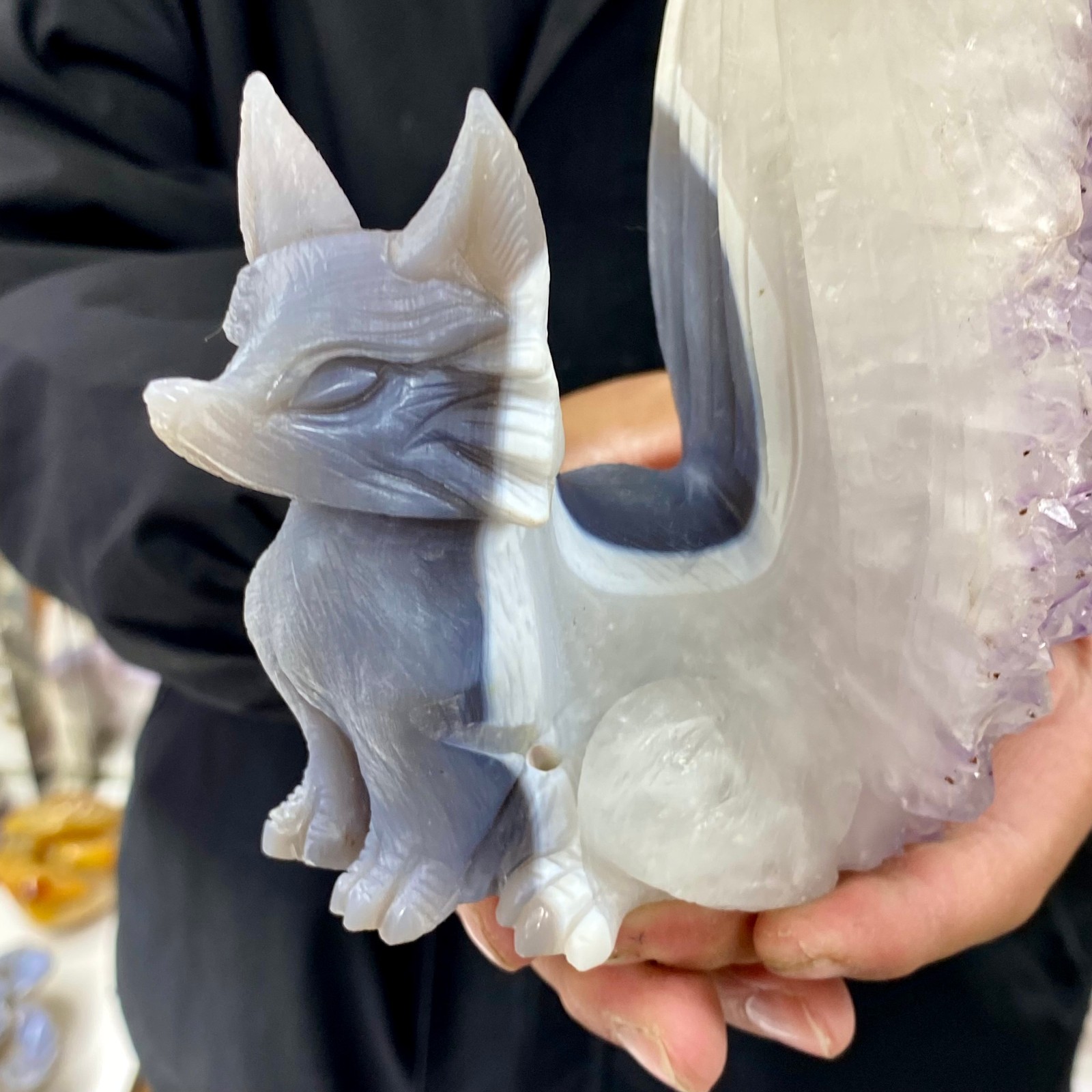 4.07LB Natural Agate Geode Hand Carved Nine-tailed Fox Quartz Crystal Decor
