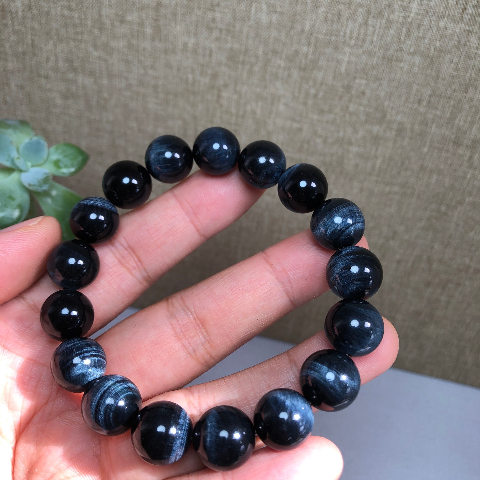 12mm Natural blue tiger eye Crystal Quartz chain beads bracelet 43g A1392
