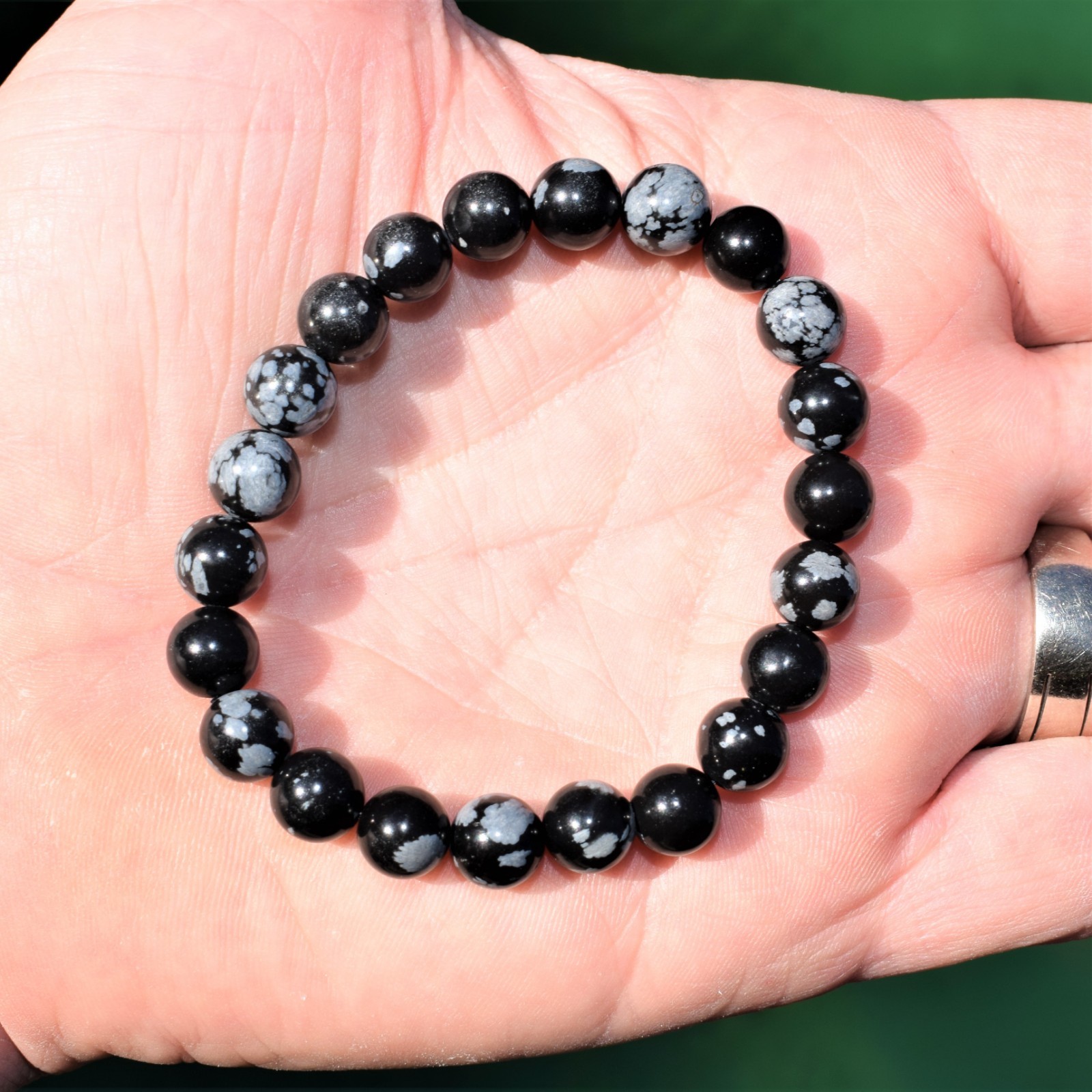 CHARGED Snowflake Obsidian Crystal 8mm Stretchy Bracelet + Selenite Puffy Heart