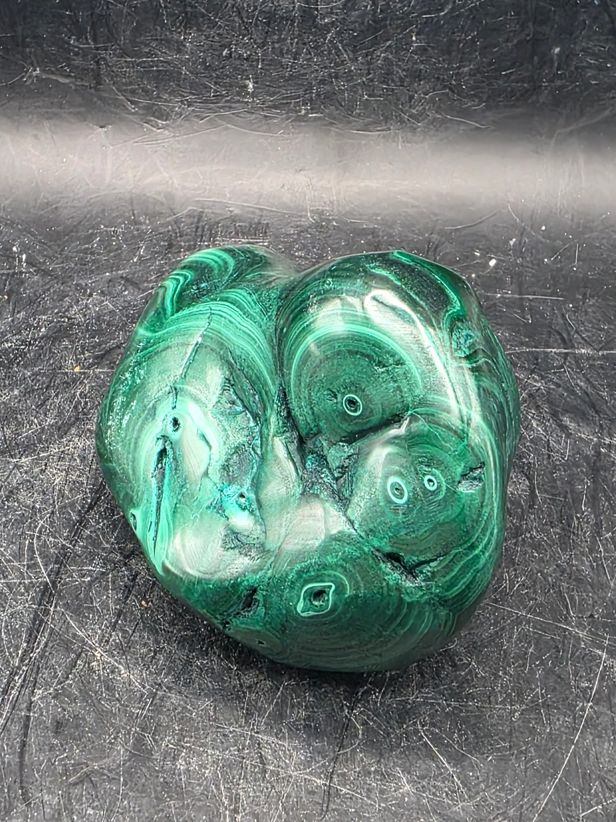 Malachite polished free form! 10 ounces, 3.2 inches long, 1.8″ wide!