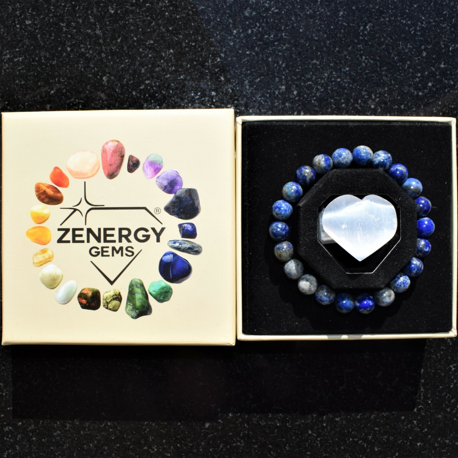 Premium CHARGED Natural Lapis Lazuli Crystal 8mm Bead Stretchy Bracelet + Heart