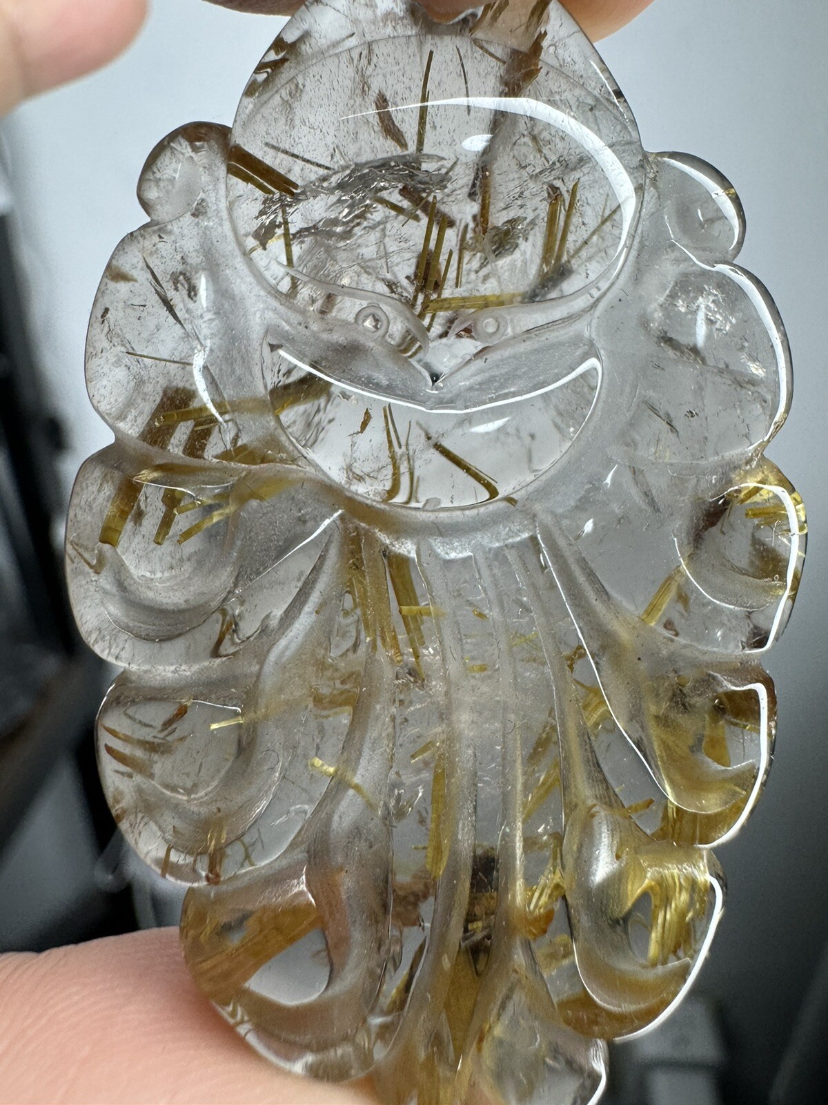 CLEAR GOLD/RED RUTILE Carved Nine-Tailed Fox Yellow Rabbit Fur Rutile Quartz 21g