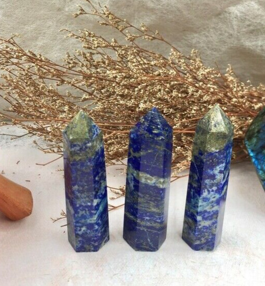 Natural Lapis Lazuli Healing Crystal Wand Obelisk Hexagonal Tower Point Ornament