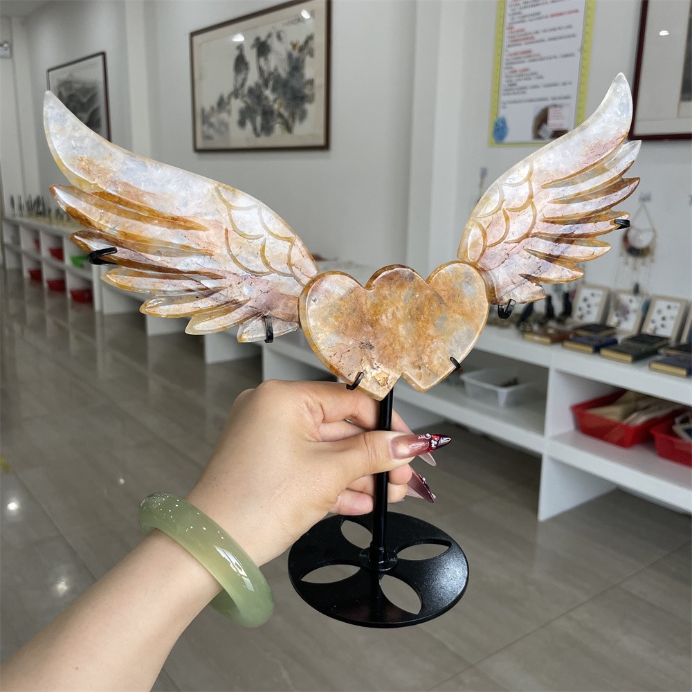 1.2LB 10.2″ Natural Golden Healer Love Wings Crystal Wings Carving Home Decor