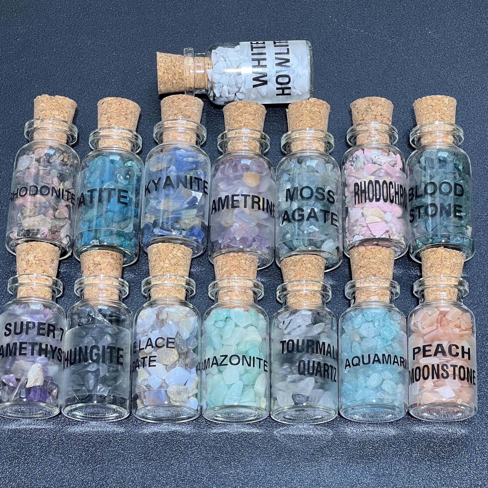 Crystal Gemstone Chips Labeled Bottle Collection (Set Of 15) Assorted Box Flat