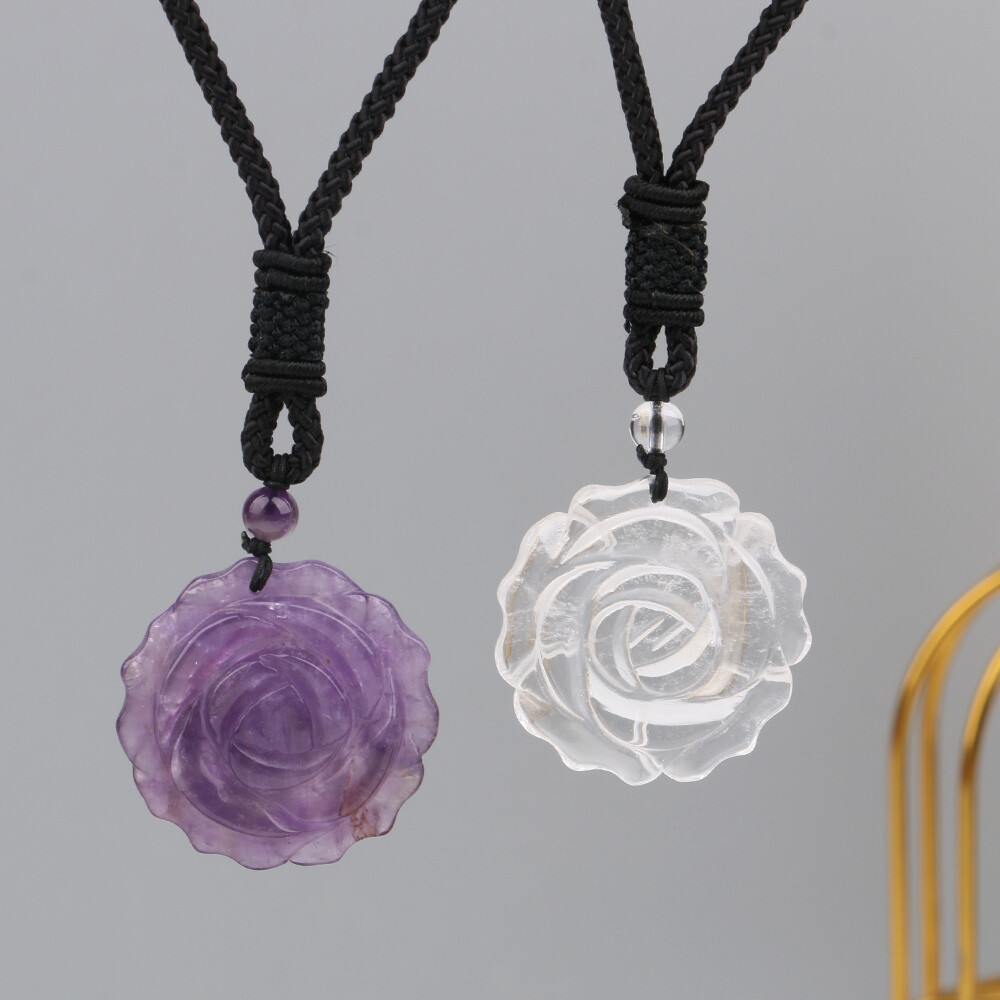 Natural 35mm Crystal Carved Rose Flower Necklace Gemstone Reiki Pendant Charm