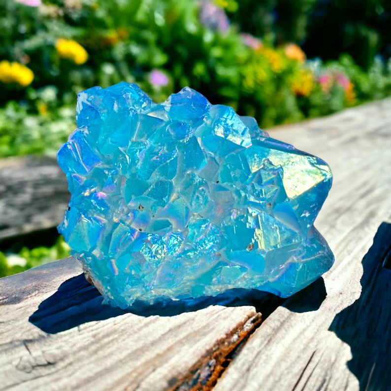 100G Titanium Aura Blue Crystal Rainbow Healing Cluster Geode Rock Decor Gift