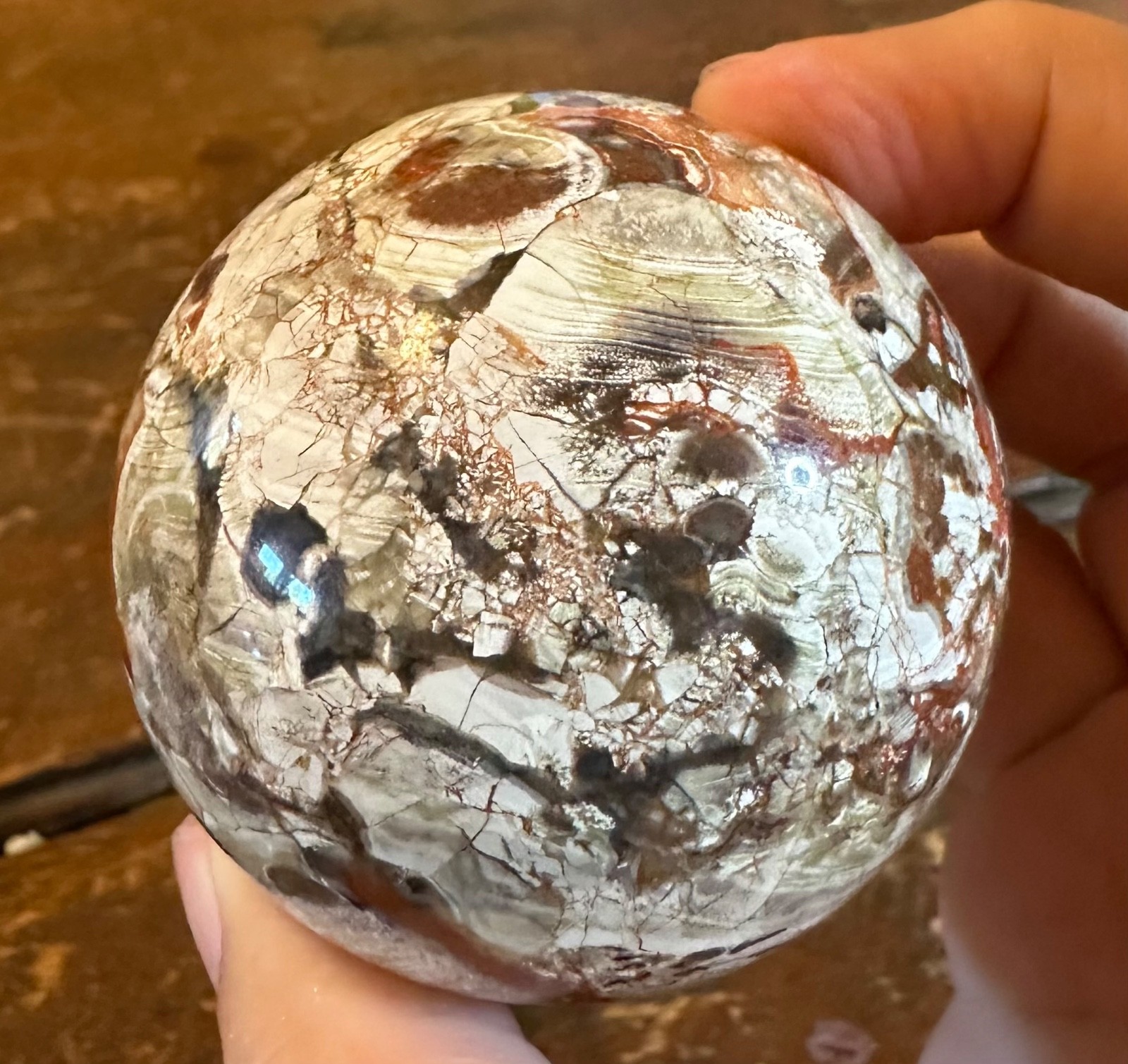 Colorful Money agate crystal sphere with brown resin petal stand free shipping