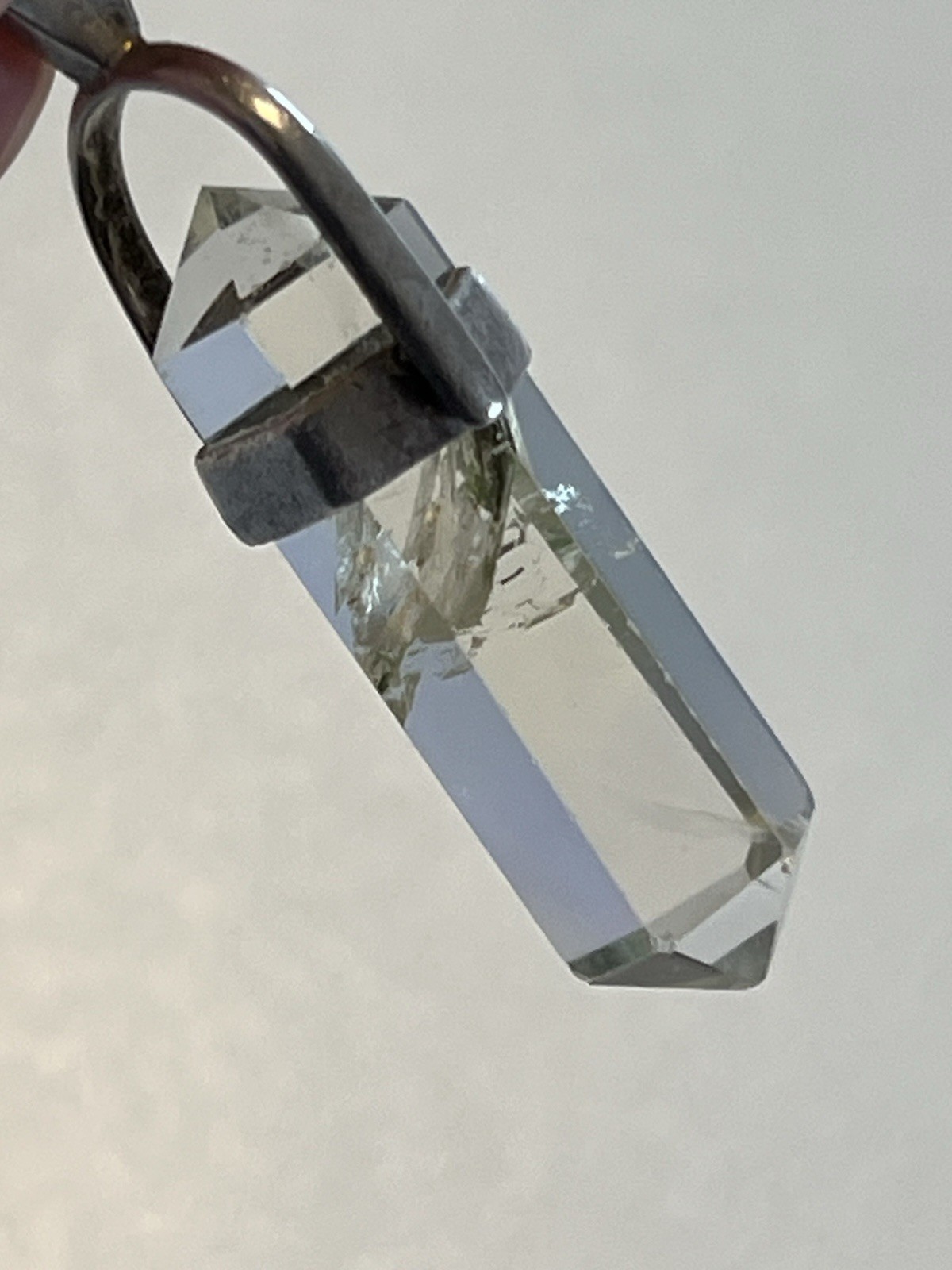 Green Phantom Quartz Pendant Double Terminated Clear Crystal Silver Hoop 6.9g