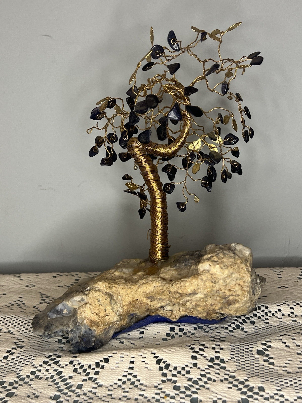 Vintage MCM Gemstone Twisted Brass Wire Tree of Life Bonsai – V3