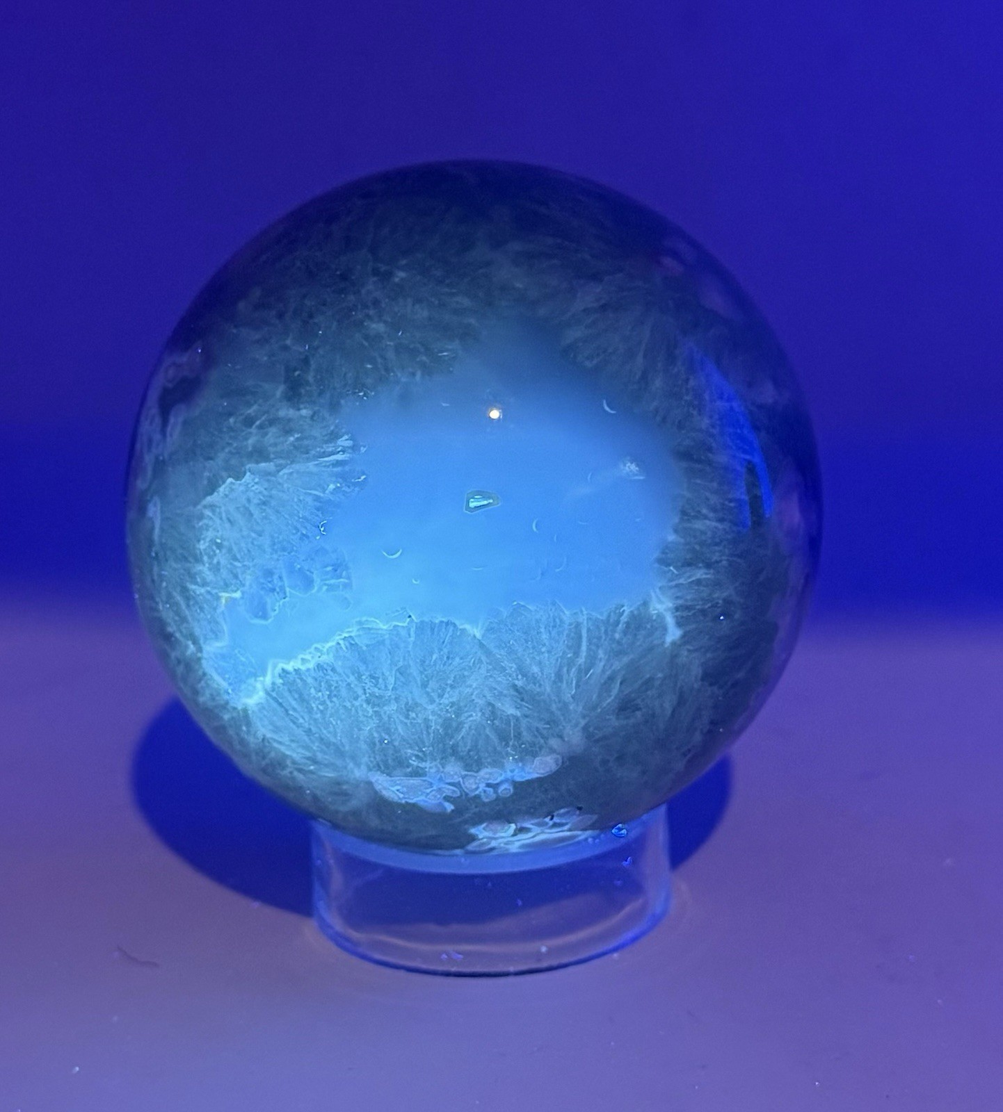 738g Beautiful Fluorite Crystal Sphere With Unique UV Pattern Reactions W/Holder