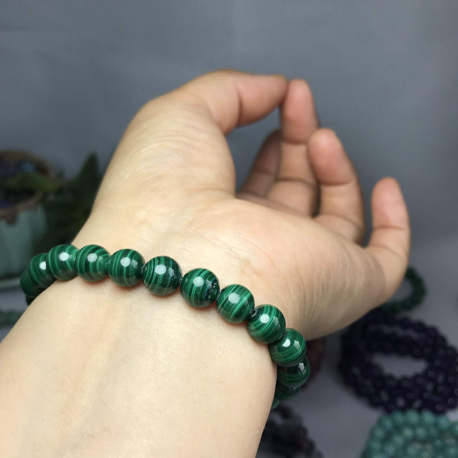 8mm Natural malachite gemstone Crystal chain beads bracelet 25-26g A5263