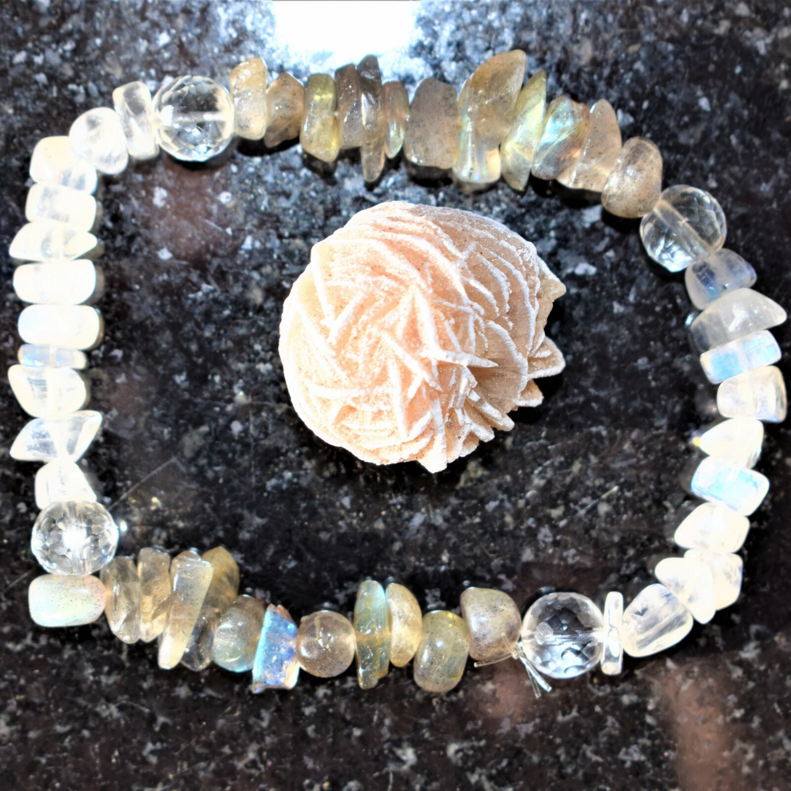 CHARGED Moonstone Labradorite Crystal Stretchy Bracelet w / Quartz REIKI Energy!