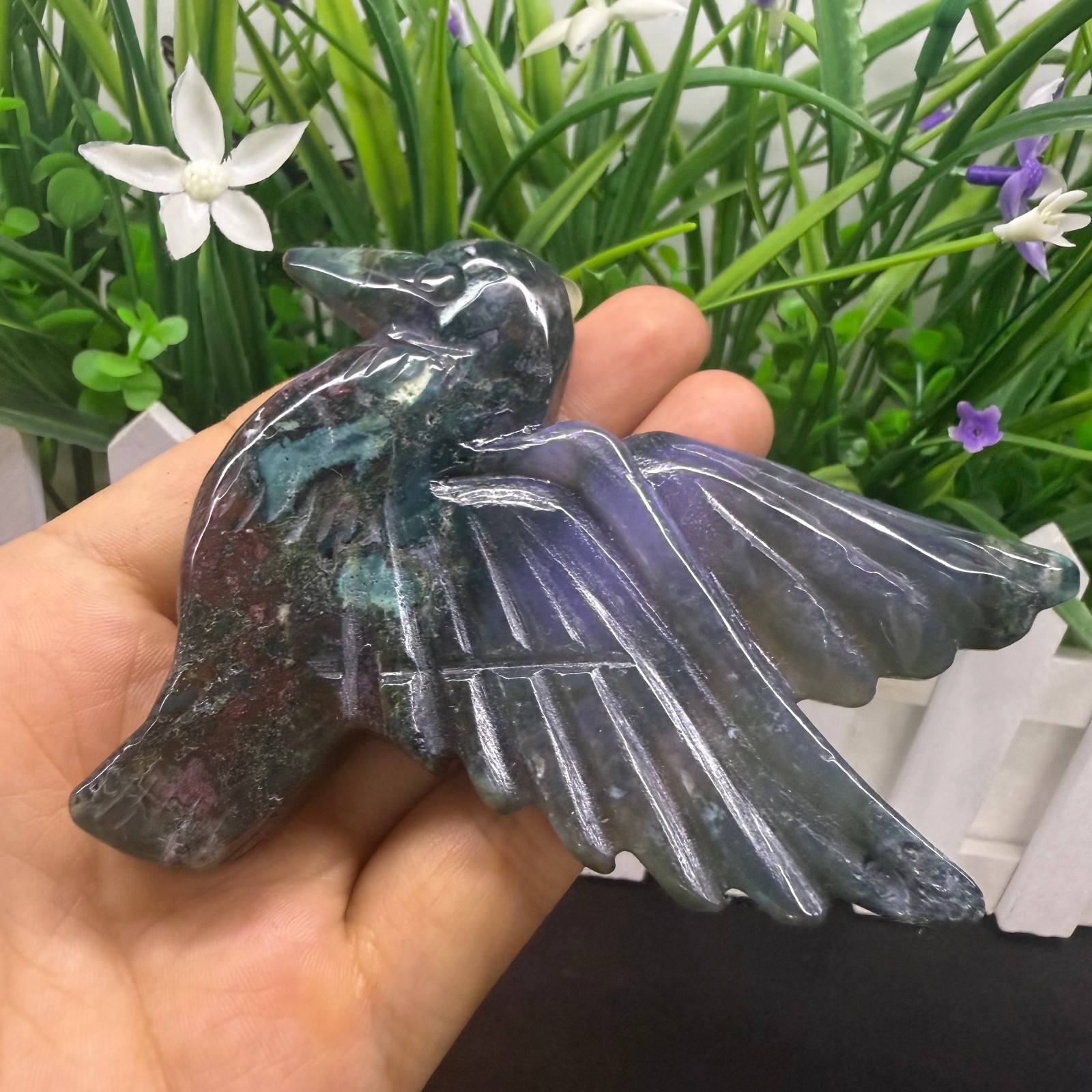 3.7″ natural ocean jasper Hummingbird Carved Reiki Crystal Skull Decor heal Gift