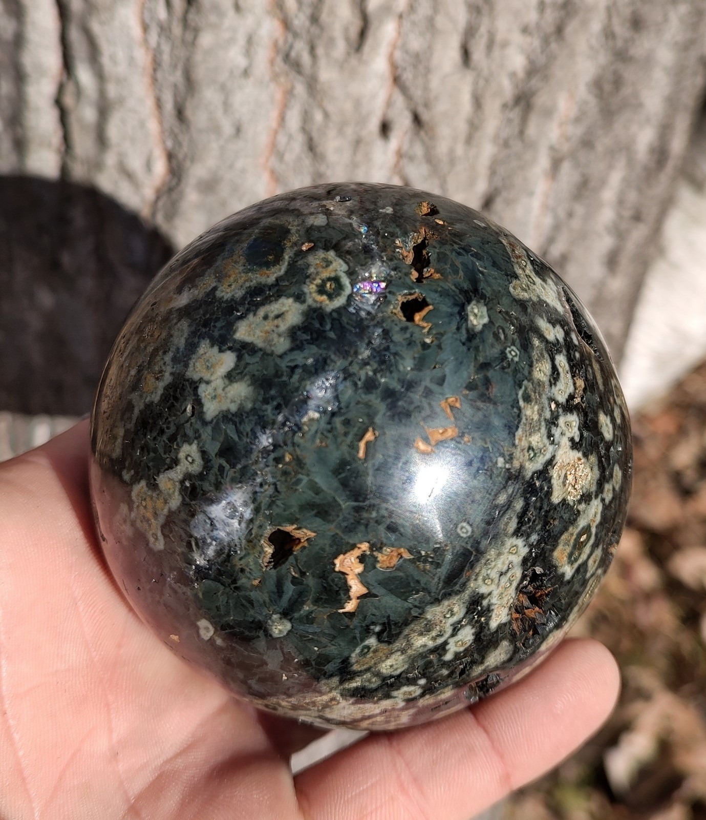 85mm Green Ocean Jasper Sphere, Black Crystal Druzzy Ocean Jasper Display Sphere