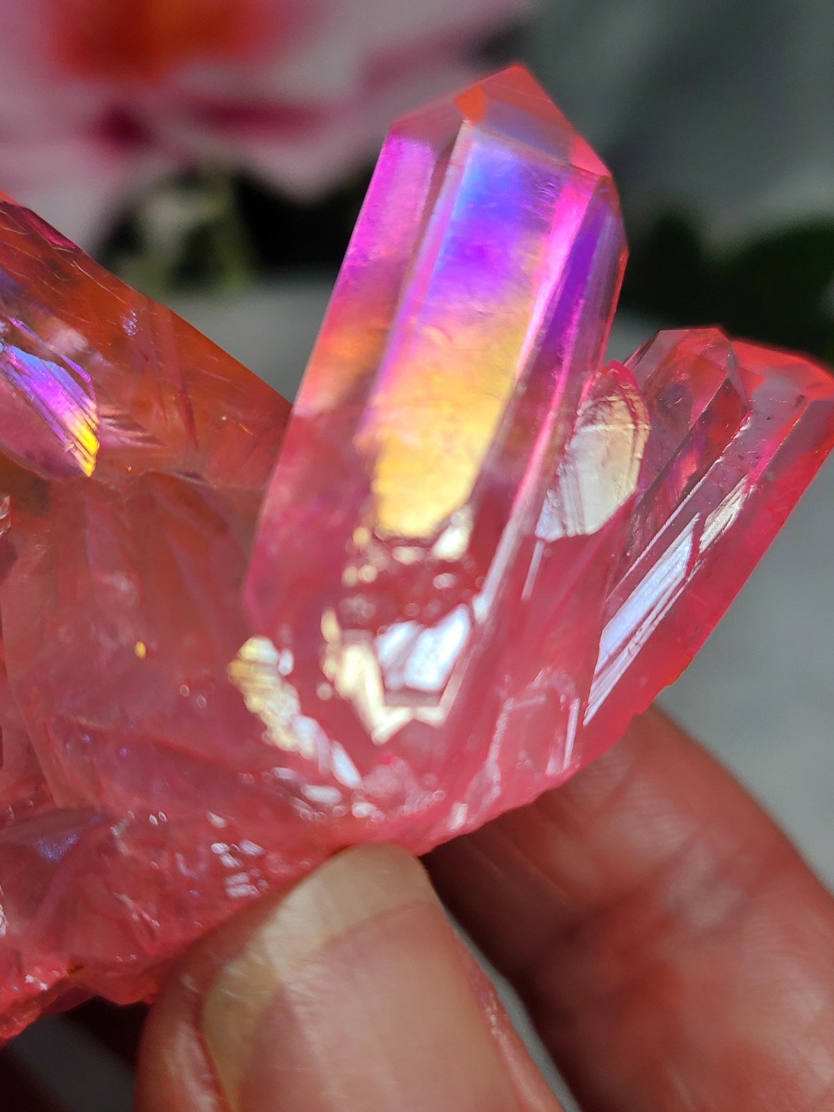 2.6″ 65g Beautiful Brazilian Pink Rainbow Aura Quartz Crystal Cluster Point