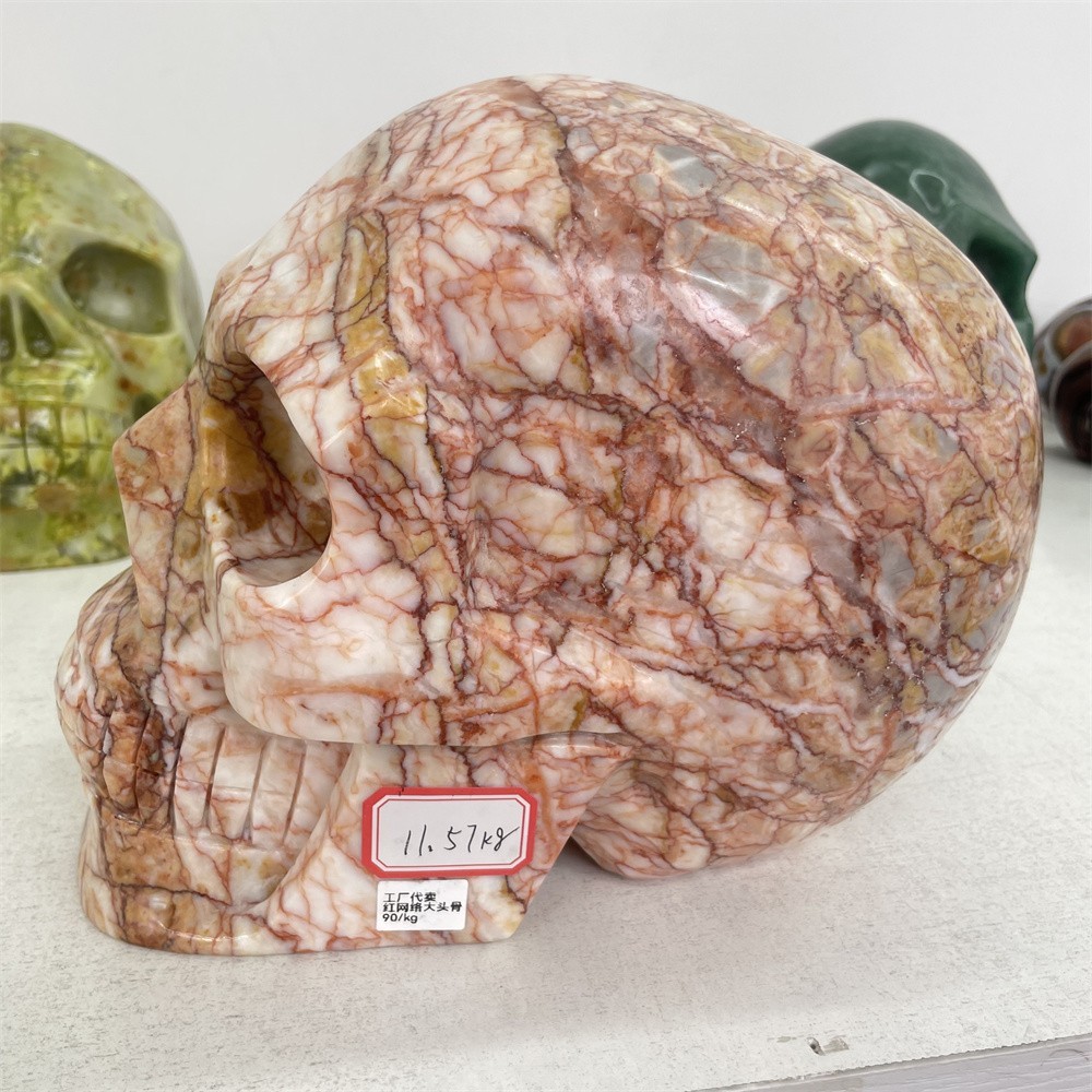 25.5LB 9″ Large Natural A++ Red Net Stone Skull Quartz Energy Statue Home Decor