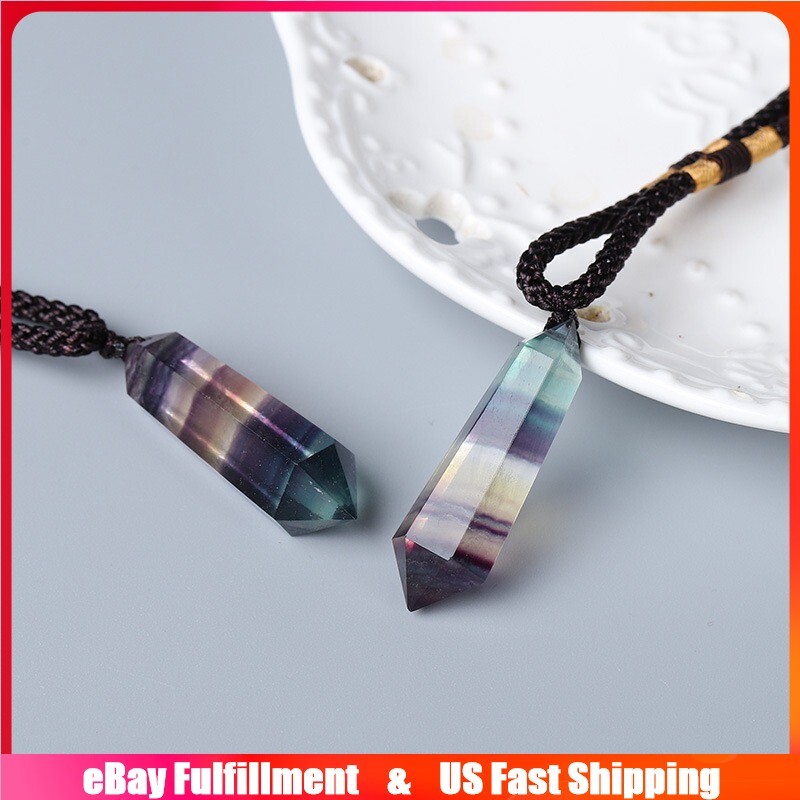 Natural Rainbow Fluorite Quartz Crystal Pendant Reiki Healing Gemstone Necklace