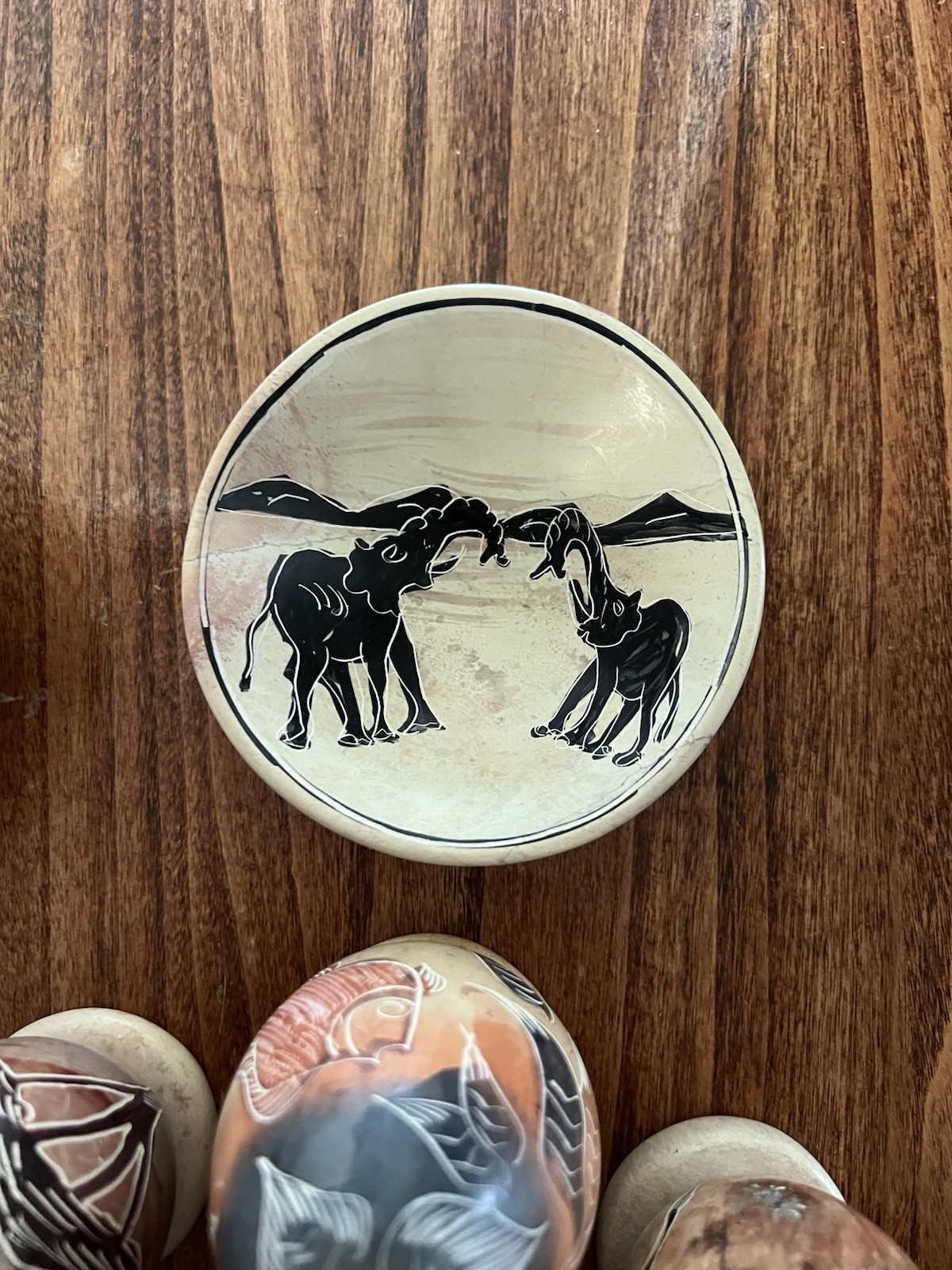 16 Hand Carved Etched Soapstone Egg, Holding Rings, And 3 Bowls. Made In Kenya