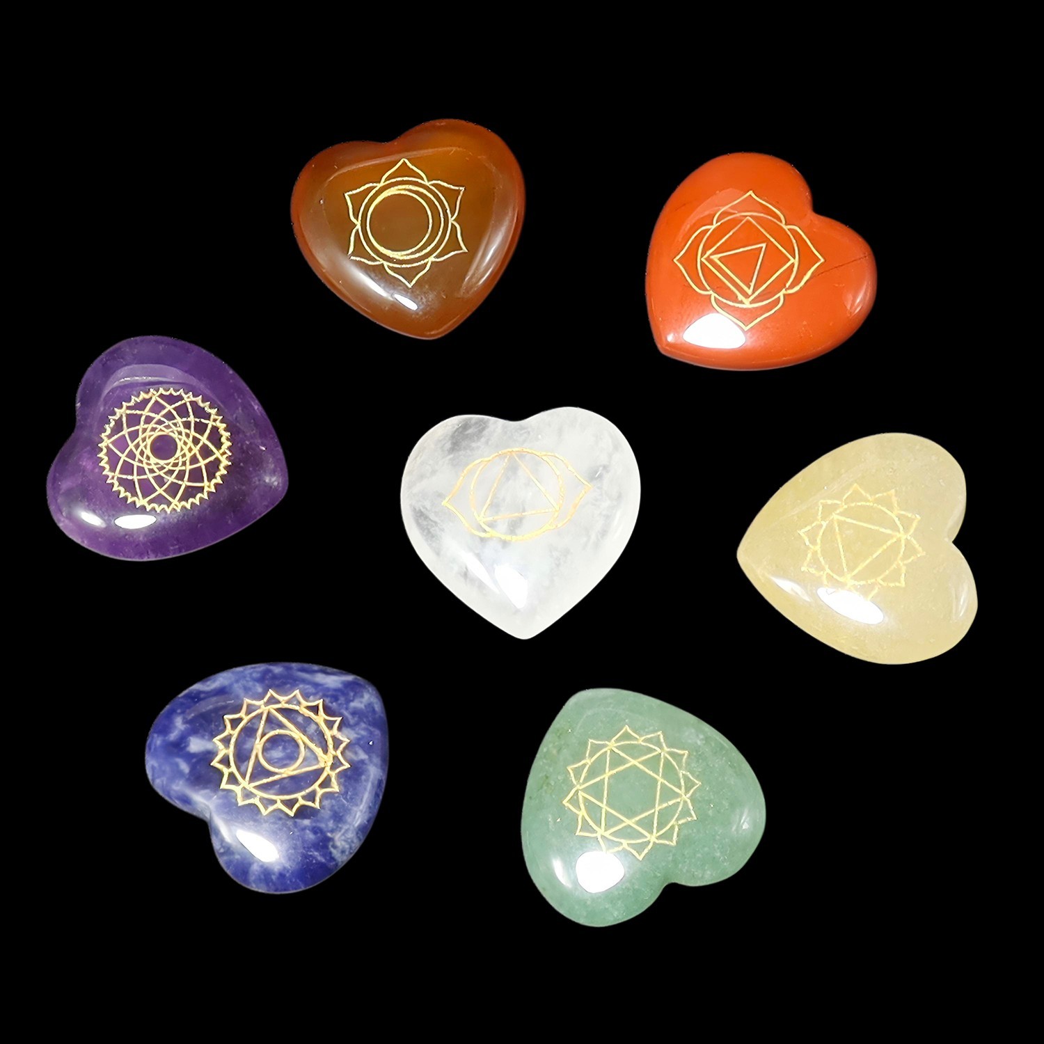 7 Chakra 20mm Heart Gemstone Set with Engraved Chakra Symbols Healing Crystals