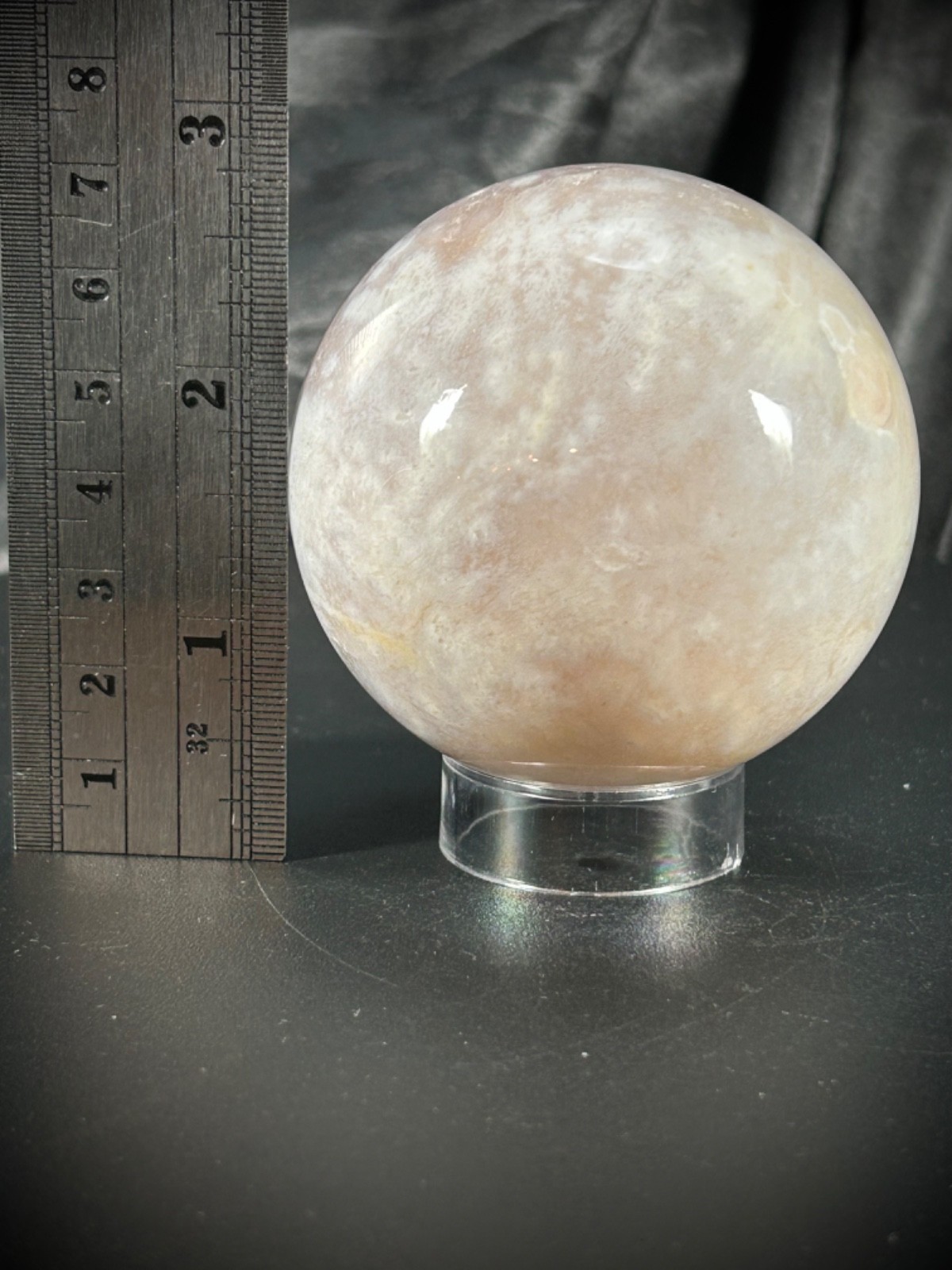 2.5″ Pink Amethyst & Flower Agate Sphere With Acrylic Stand 12.6oz (357 Grams)