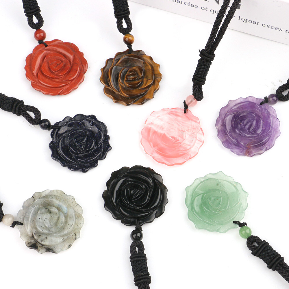 Natural 35mm Crystal Carved Rose Flower Necklace Gemstone Reiki Pendant Charm