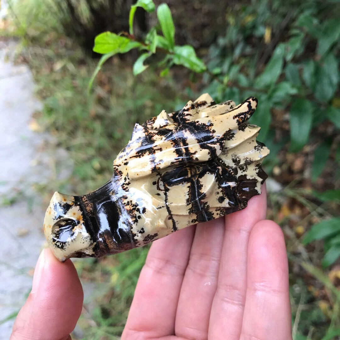1pc Natural Chinese painting stone Quartz dragon head Carved Crystal Reiki Gem