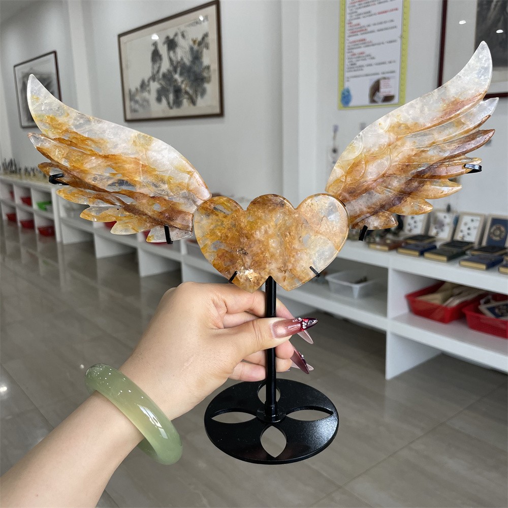 1.2LB 10.2″ Natural Golden Healer Love Wings Crystal Wings Carving Home Decor