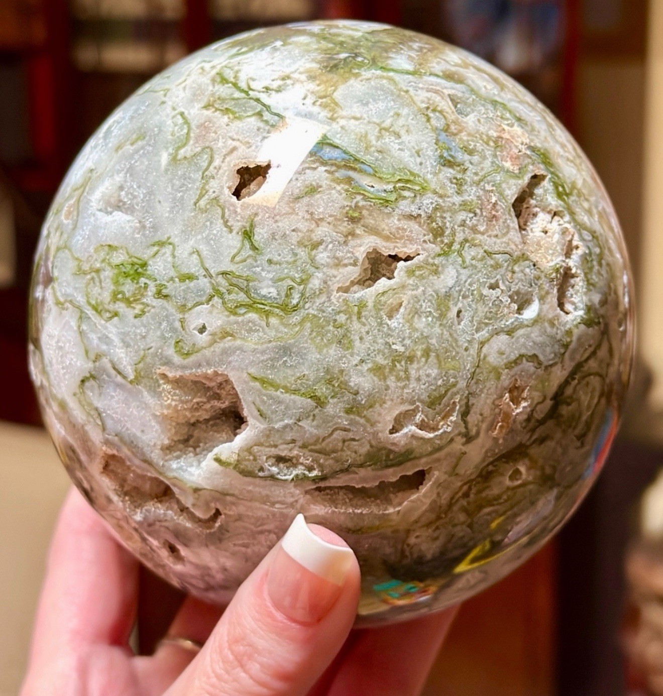 XLarge Moss Agate Sphere 4.5 lb 4” Crystal Ball Druzy Quartz Natural Green