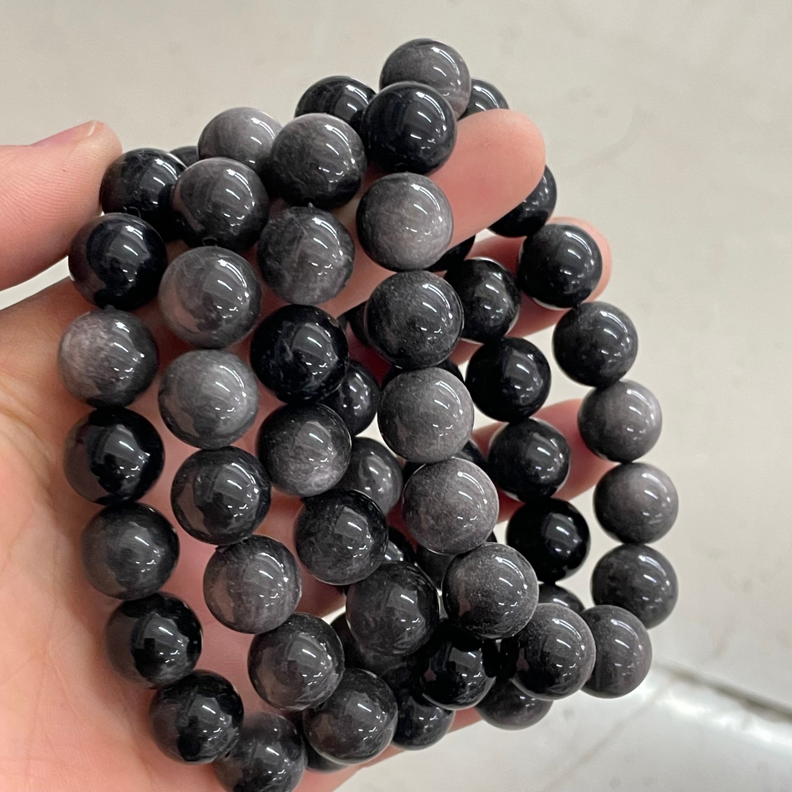 5pcs silver obsidian bead bracelet, crystal gemstone elastic bracelet Size 12mm