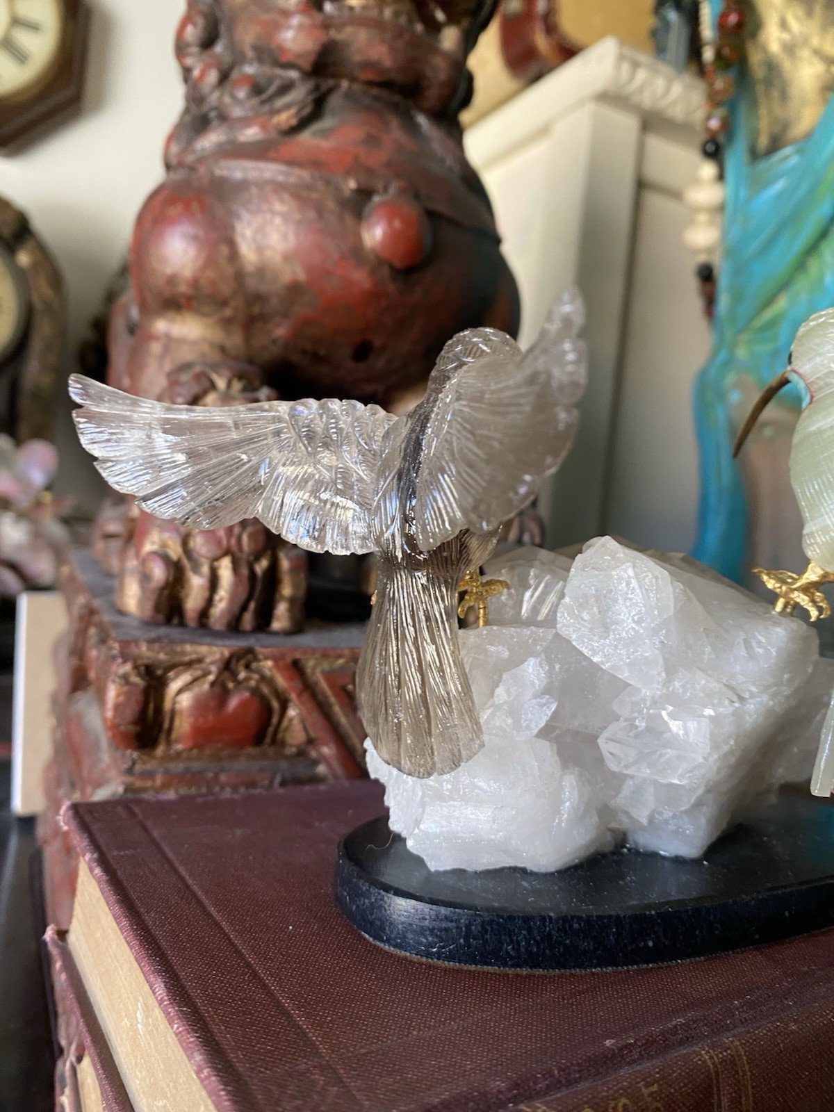 Peter Muller Hand Carved Smokey Quartz, Marble, Quartz Hummingbirds On Quartz