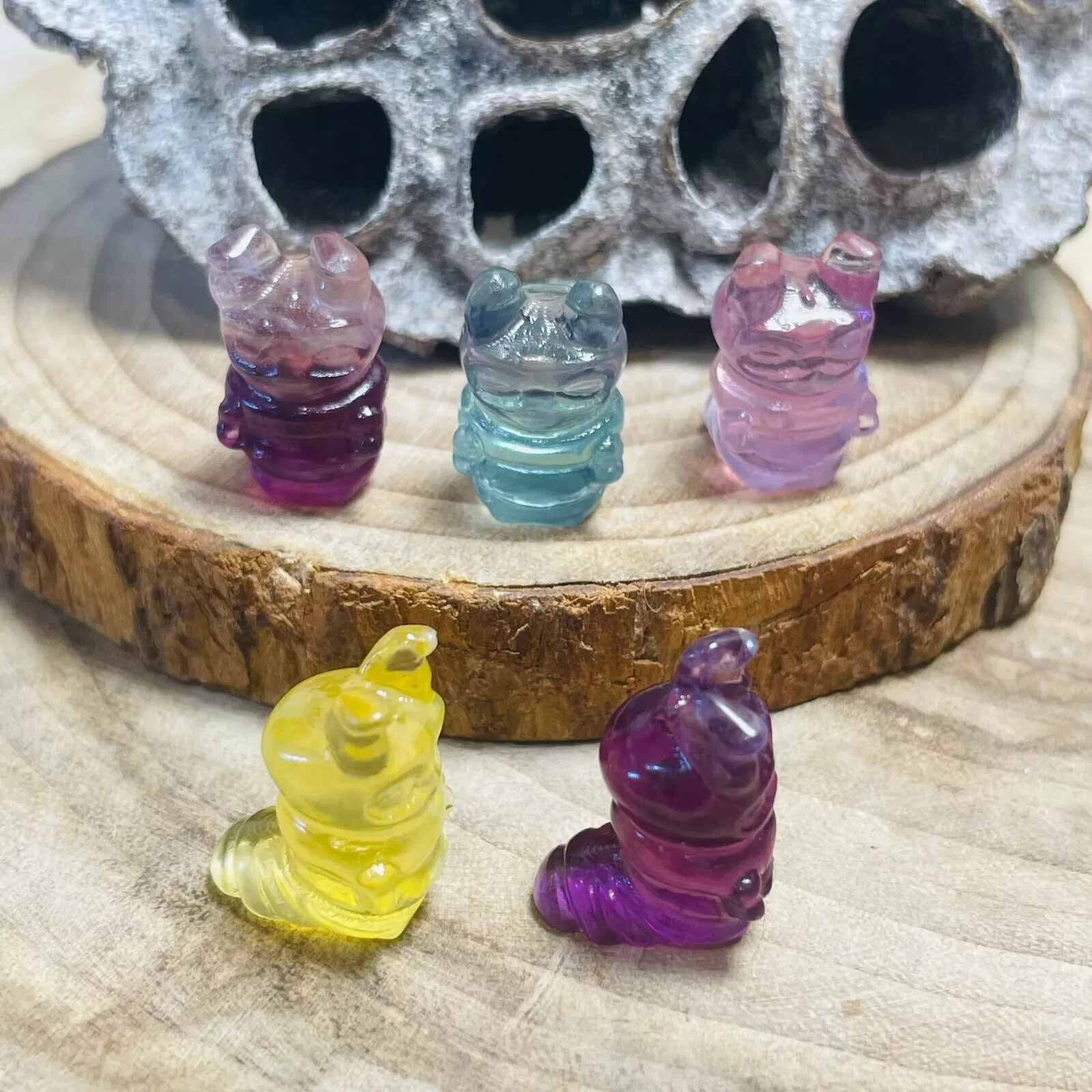 5pc Natural fluorite carved mini caterpillar quartz crystal reiki healing