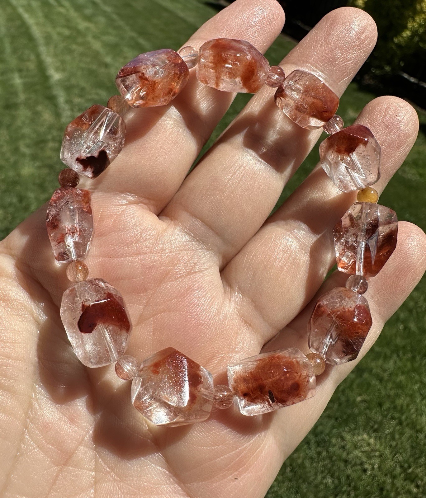 Red Rabbit Hair Quartz & Phantom Quartz Facet Bead Bracelet