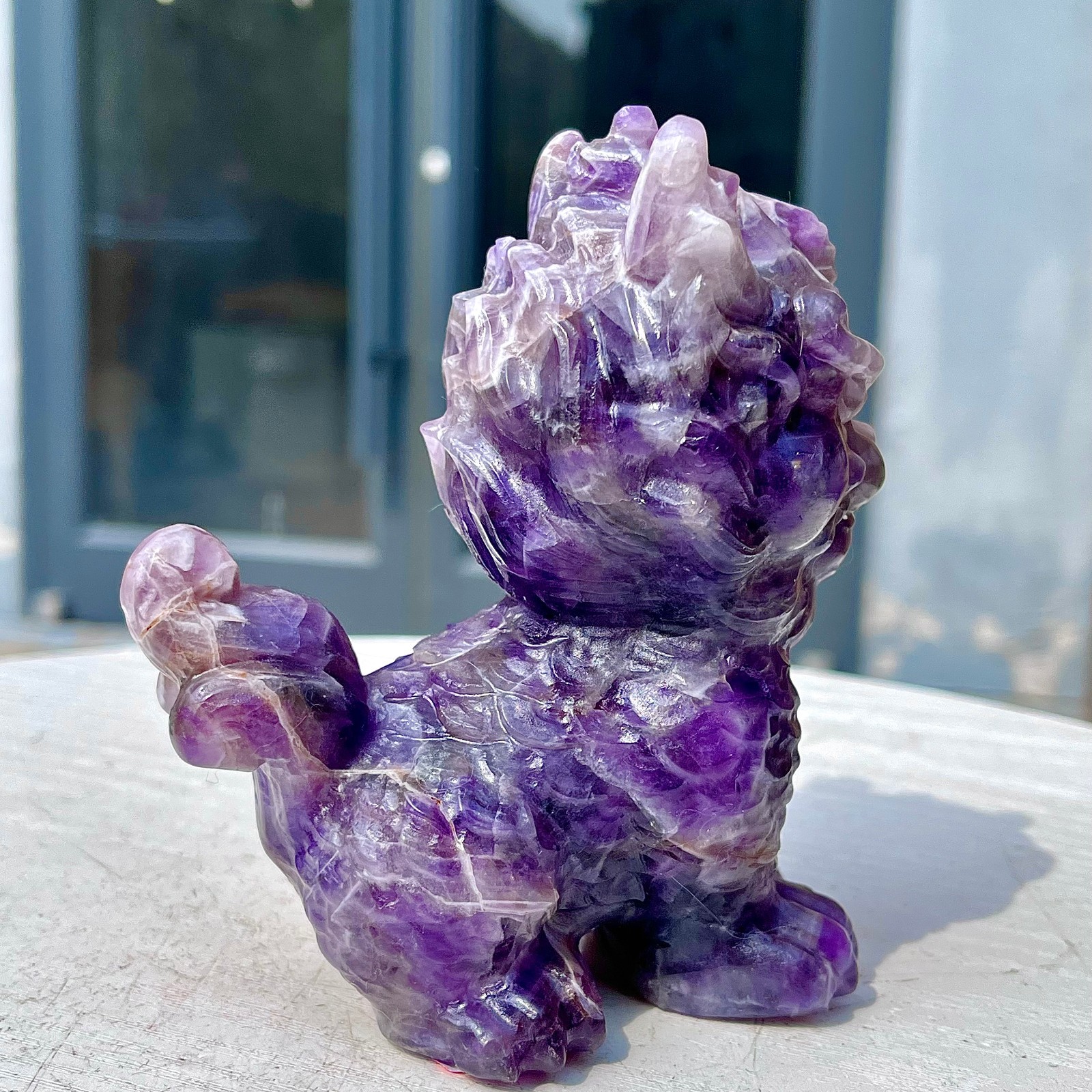 1.49LB Natural dreamy amethyst lion hand carved skull healing