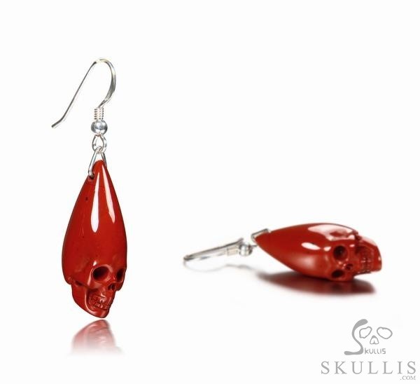 Red Jasper & 925 Sterling Silver Carved Elongated Skull Earrings, Skull Jewelry